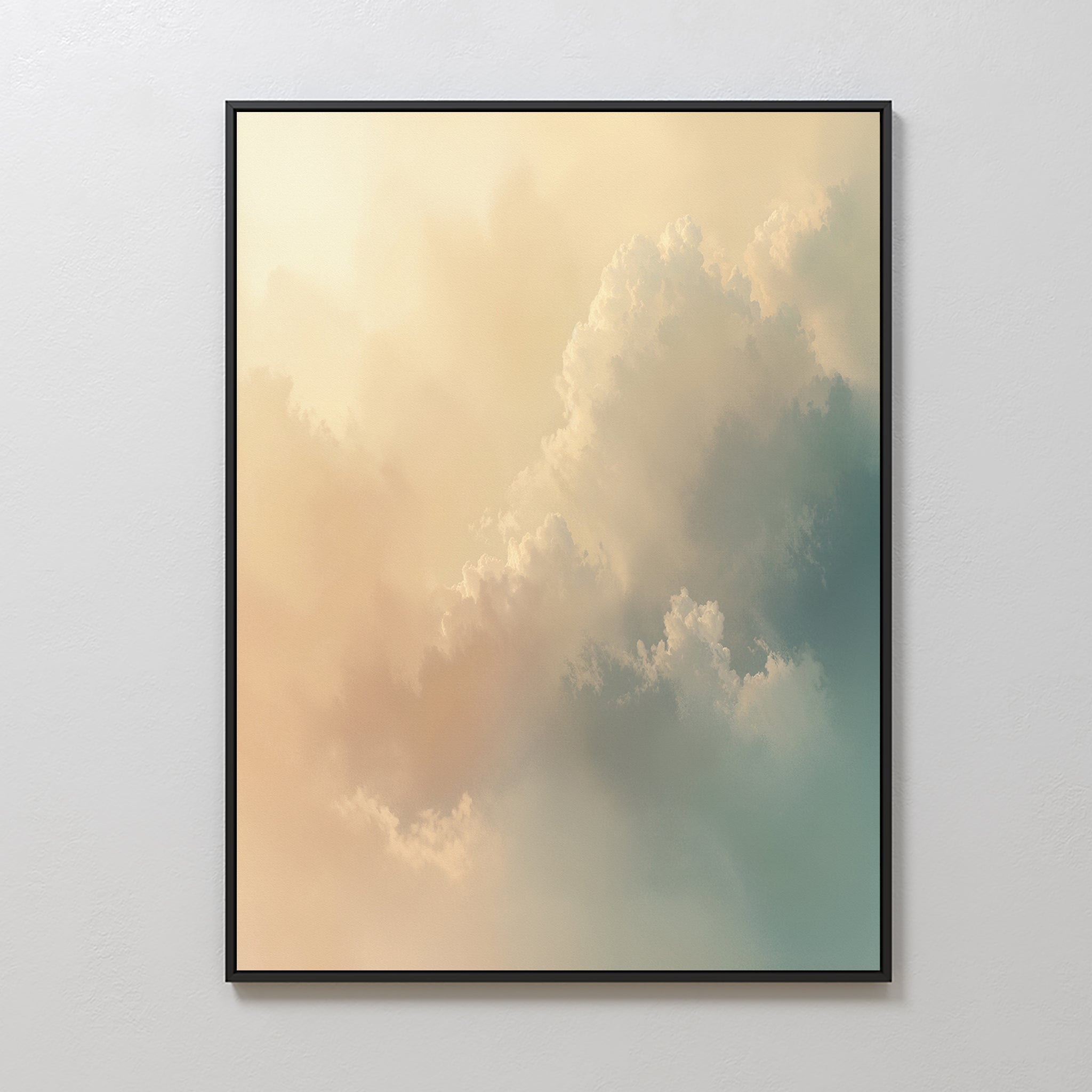 The Celestial Veil Canvas Art - Vertical is a framed print featuring soft pastel clouds in cream, peach, and light blue tones, illuminated by gentle champagne light and displayed on a plain white wall.
