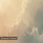 Soft, pastel clouds in cream, peach, and light blue fill the sky on the Celestial Veil Canvas Art - Vertical. A semi-transparent box at the lower left displays “Zoomed In Detail” on this canvas print.