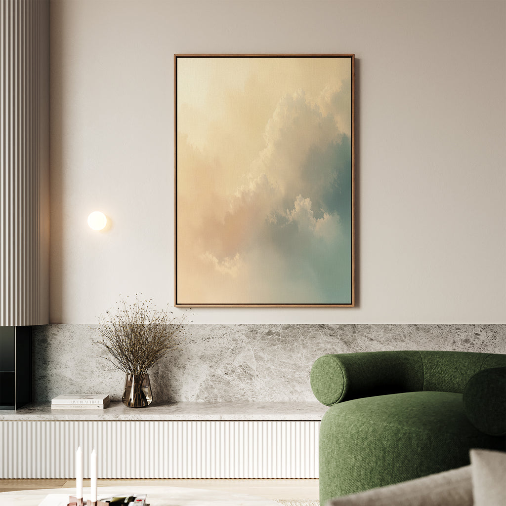 A modern living room showcases the Celestial Veil Canvas Art - Vertical above a granite shelf, complemented by a round green armchair, dried flowers in a vase, and minimalistic decor bathed in soft champagne light.