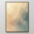 The Celestial Veil Canvas Art - Vertical features soft clouds in pastel cream, peach, and blue with hints of champagne light, bringing calm Nordic Park-inspired serenity to any plain white wall.