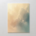 The Celestial Veil Canvas Art - Vertical showcases pastel clouds on a light backdrop, blending beige, cream, and blue tones in a champagne glow for a calm, serene Nordic-inspired atmosphere.