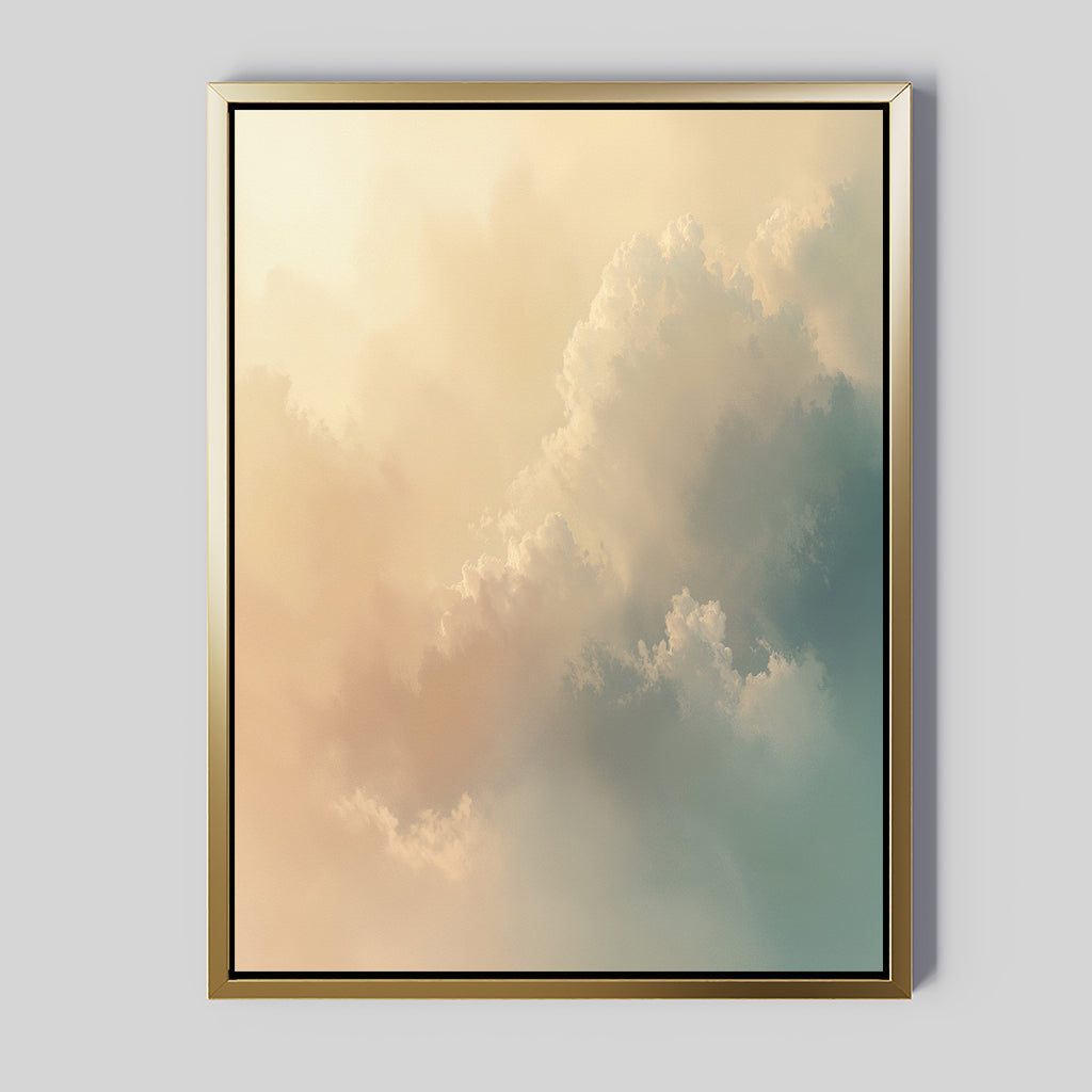 The Celestial Veil Canvas Art - Vertical features soft pastel clouds in peach, beige, and blue for a dreamy Nordic vibe. A metallic gold frame contrasts beautifully with the light gray background, making it a serene statement piece.