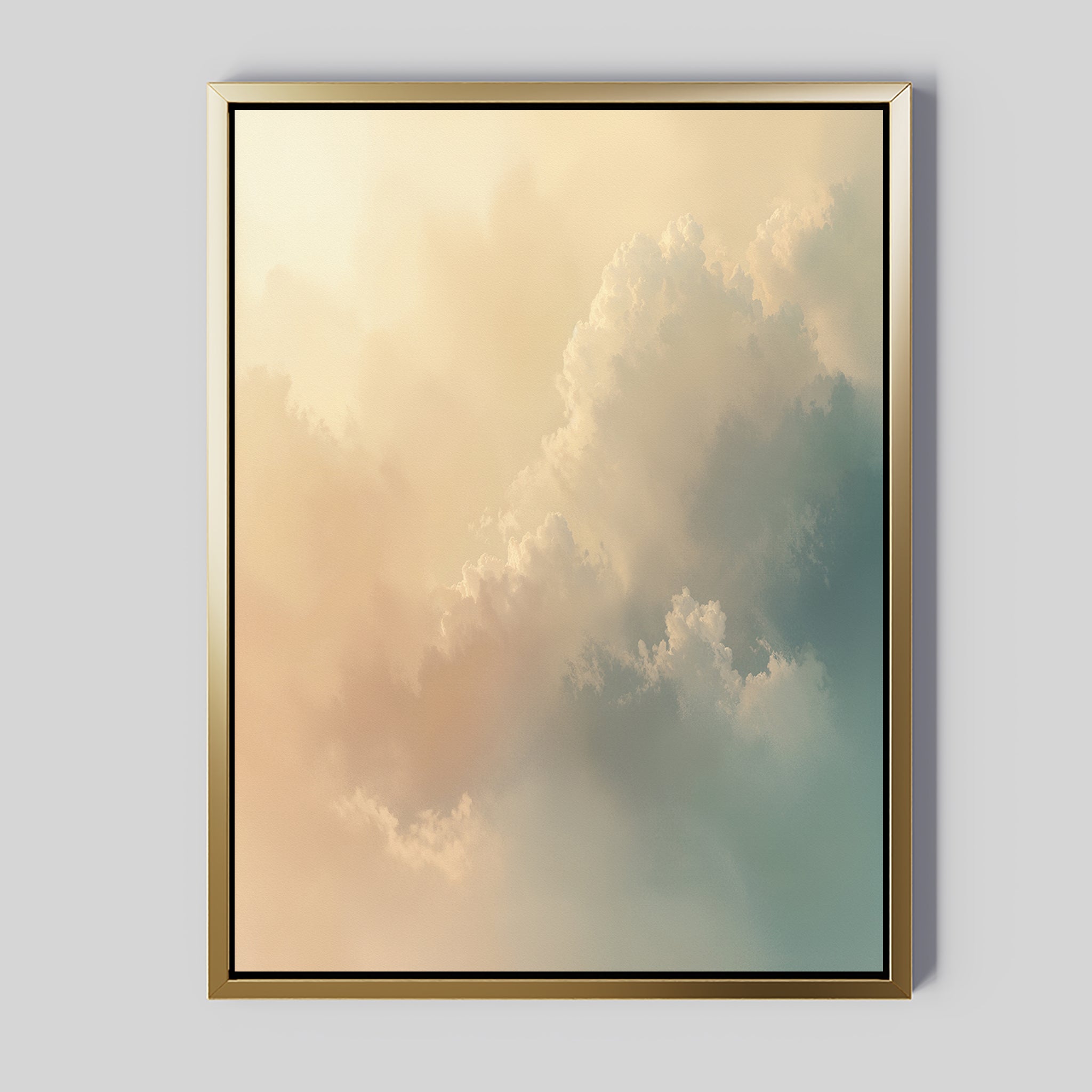 The Celestial Veil Canvas Art - Vertical features soft pastel clouds in peach, beige, and blue for a dreamy Nordic vibe. A metallic gold frame contrasts beautifully with the light gray background, making it a serene statement piece.