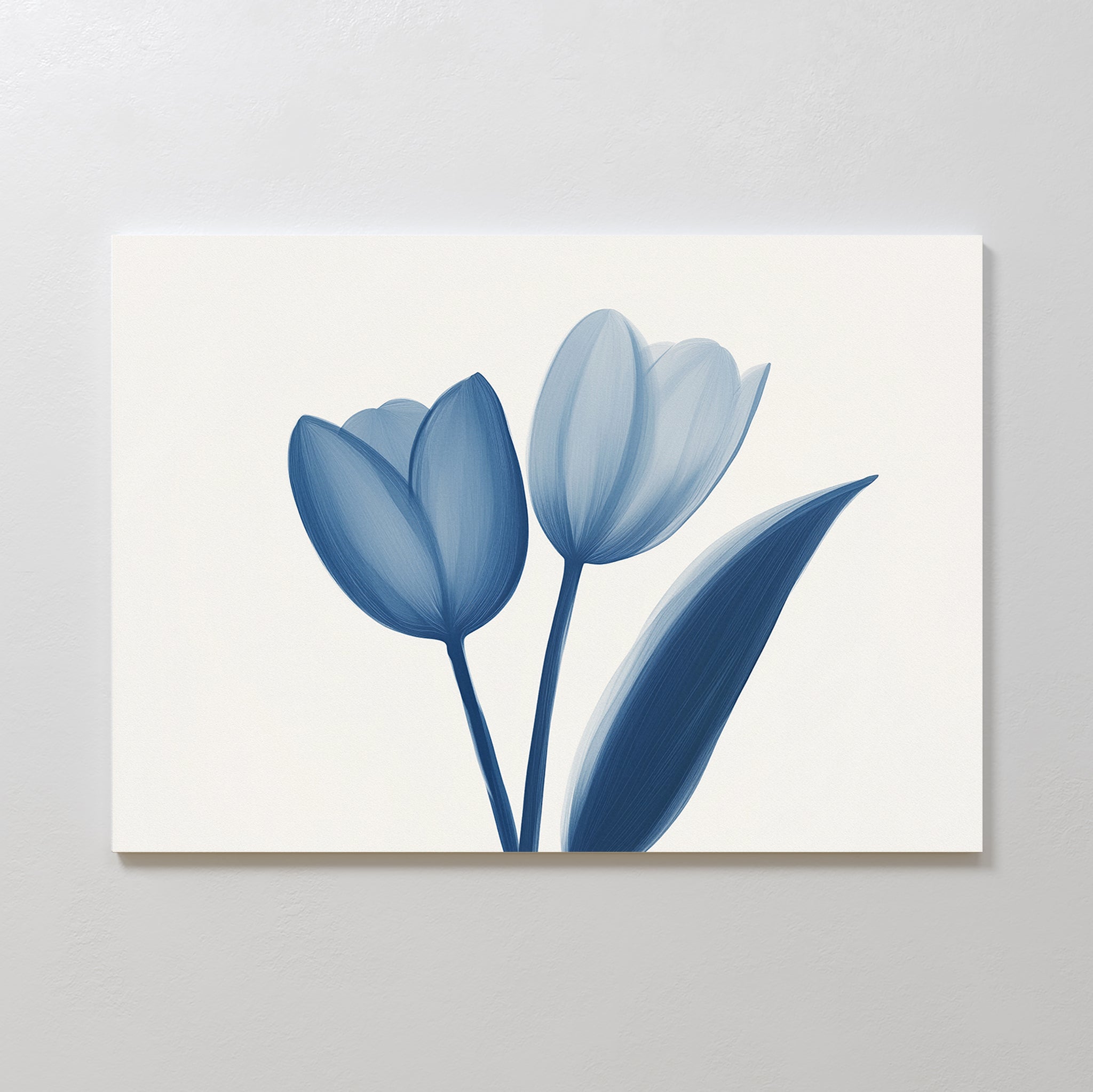 The Cerulean Tulips Canvas Art - Horizontal features two blue tulips with a single leaf on white, bringing minimalist Nordic Park elegance to any light-colored wall.