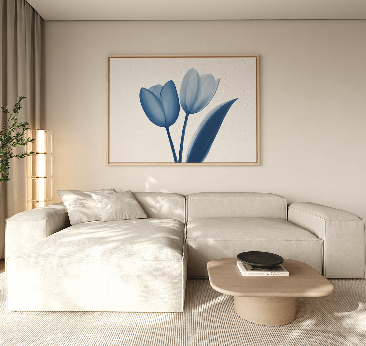 A modern living room with a light beige sectional, wooden coffee table, tall floor lamp, potted plant, and the Cerulean Tulips Canvas Art - Horizontal adds Nordic Park elegance to the neutral space.
