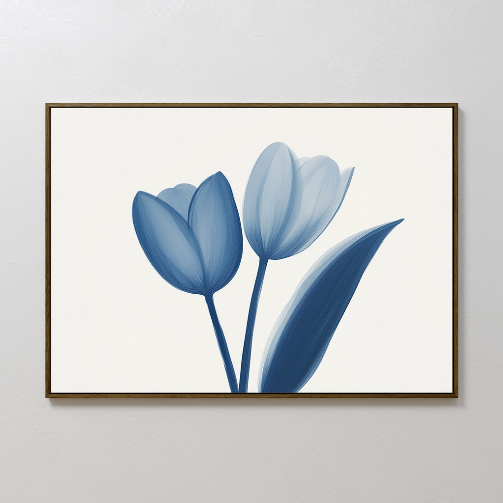The Cerulean Tulips Canvas Art - Horizontal, featuring long-stemmed tulips on a white background and inspired by the calm of Nordic Park, adds a serene touch when displayed on a light-colored wall.