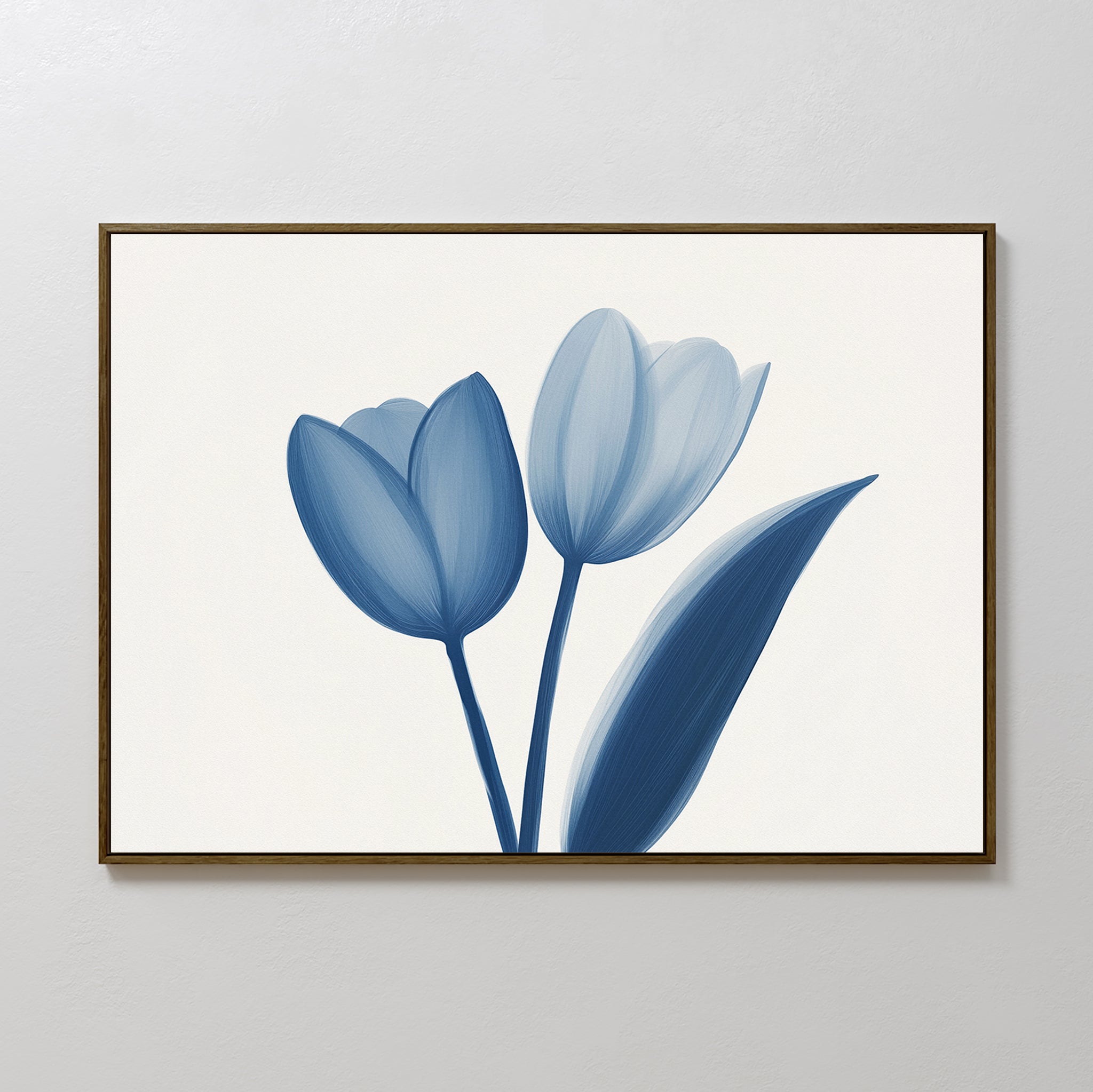 The Cerulean Tulips Canvas Art - Horizontal, featuring long-stemmed tulips on a white background and inspired by the calm of Nordic Park, adds a serene touch when displayed on a light-colored wall.