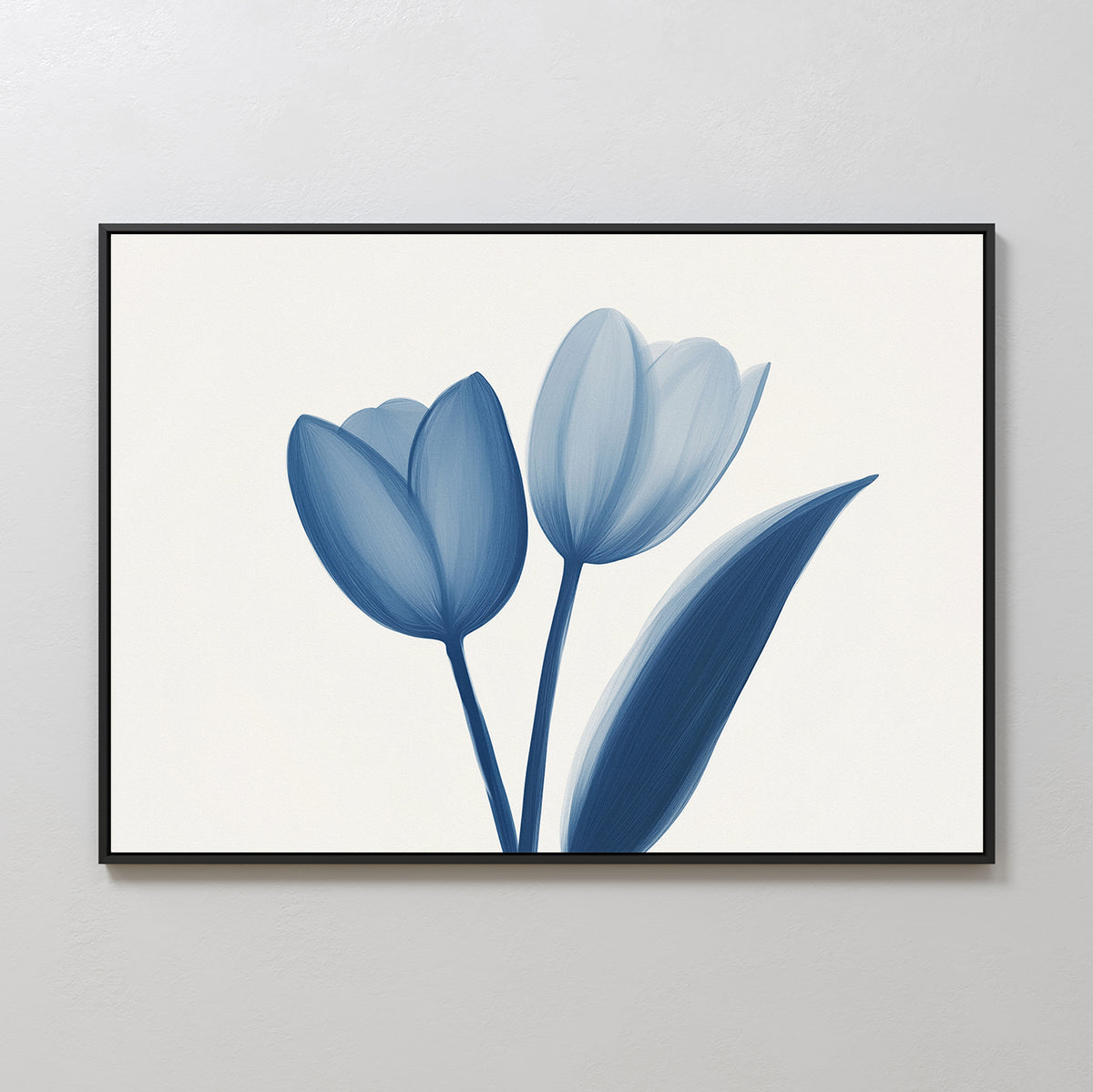 Cerulean Tulips Canvas Art - Horizontal: Minimalist botanical print with cerulean tulips and a blue leaf on white, framed in black. Ideal for bringing Nordic Park charm to any room.
