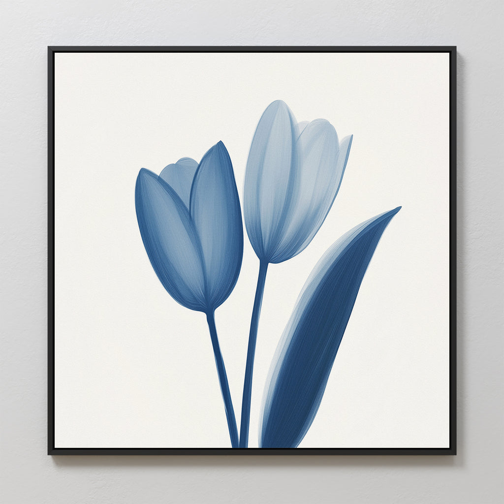 Cerulean Tulips Canvas Art - Square: A minimalist botanical print showing cerulean tulips with one leaf on a white background, framed in black.