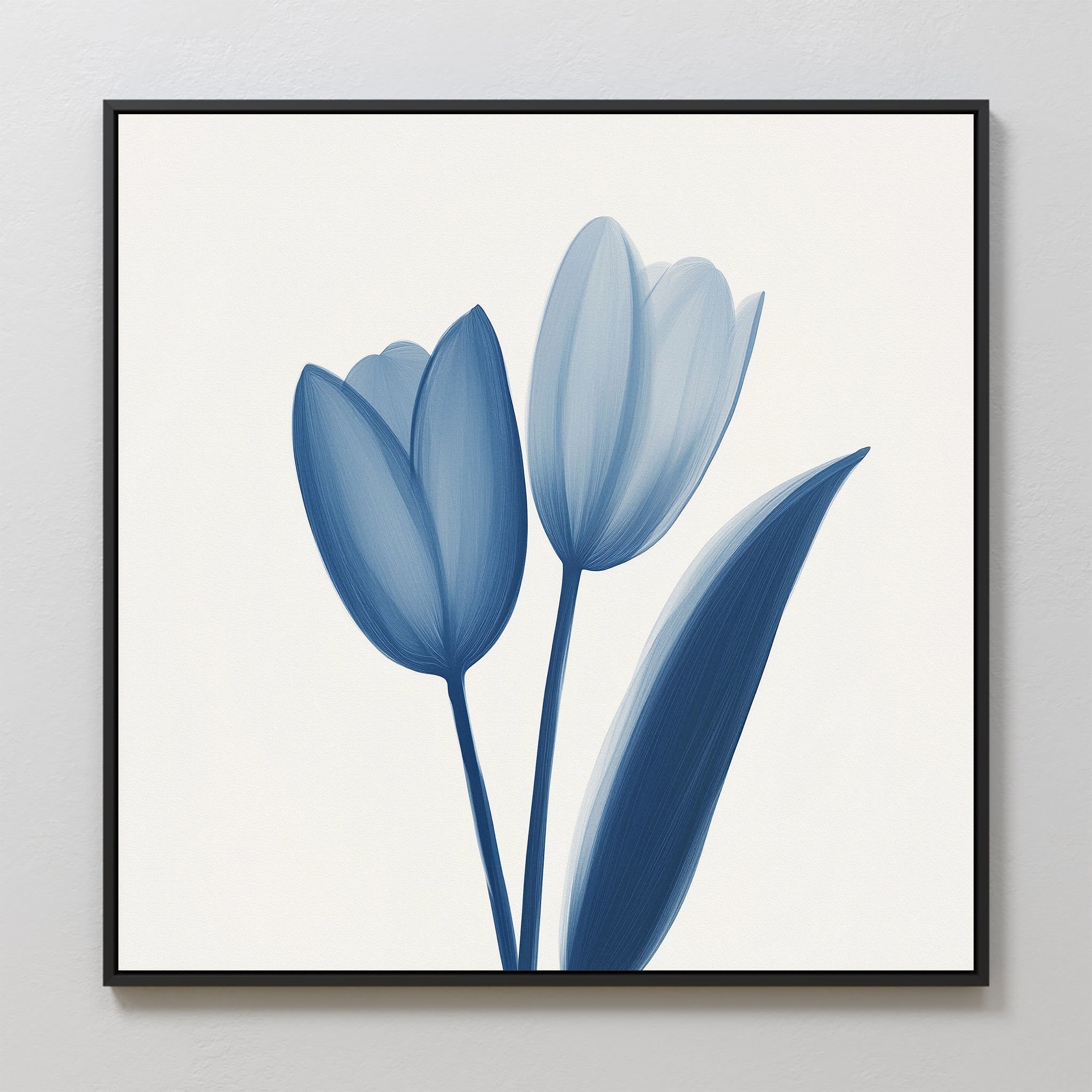 Cerulean Tulips Canvas Art - Square: A minimalist botanical print showing cerulean tulips with one leaf on a white background, framed in black.