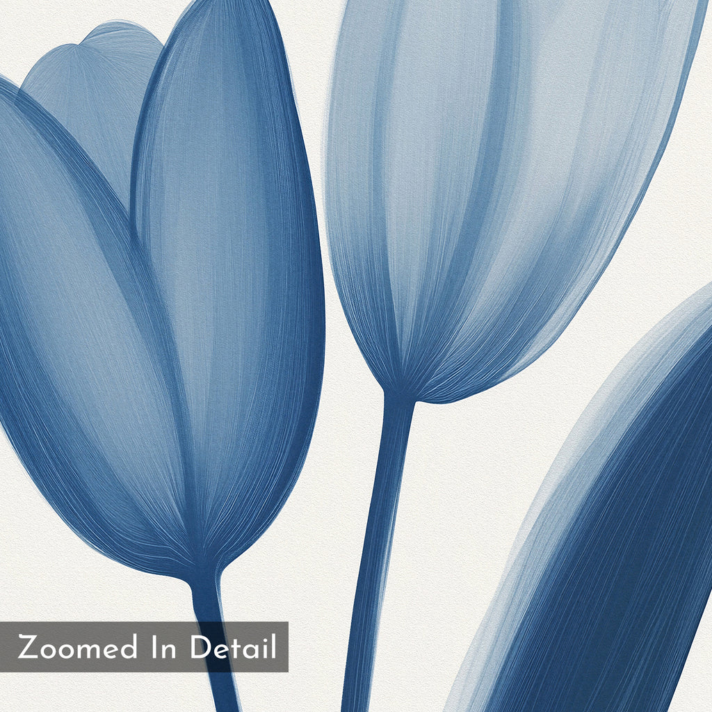 A detailed close-up of three blue Cerulean Tulips with fine linework on a white background, labeled “Zoomed In Detail” at the bottom left. Perfect as a square canvas print: Cerulean Tulips Canvas Art - Square.