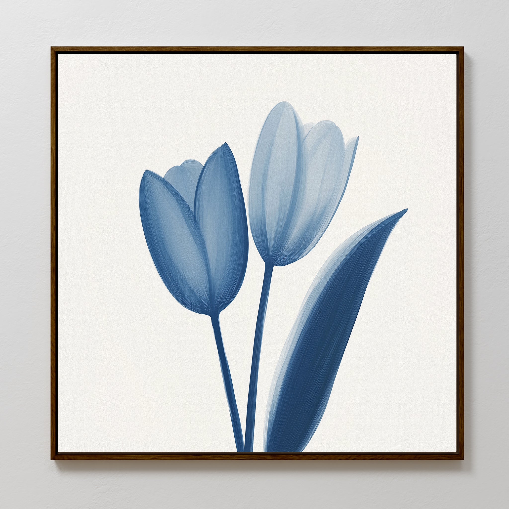 The Cerulean Tulips Canvas Art - Square showcases minimalist blue tulips on a white background in a dark frame, perfect for bringing Nordic Park-inspired tranquility to your space.