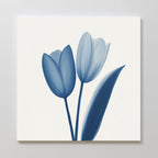 Cerulean Tulips Canvas Art - Square showcases minimalist cerulean tulips with a single long leaf on white, featuring smooth brushstroke textures for a calm, elegant Nordic Park-inspired look.
