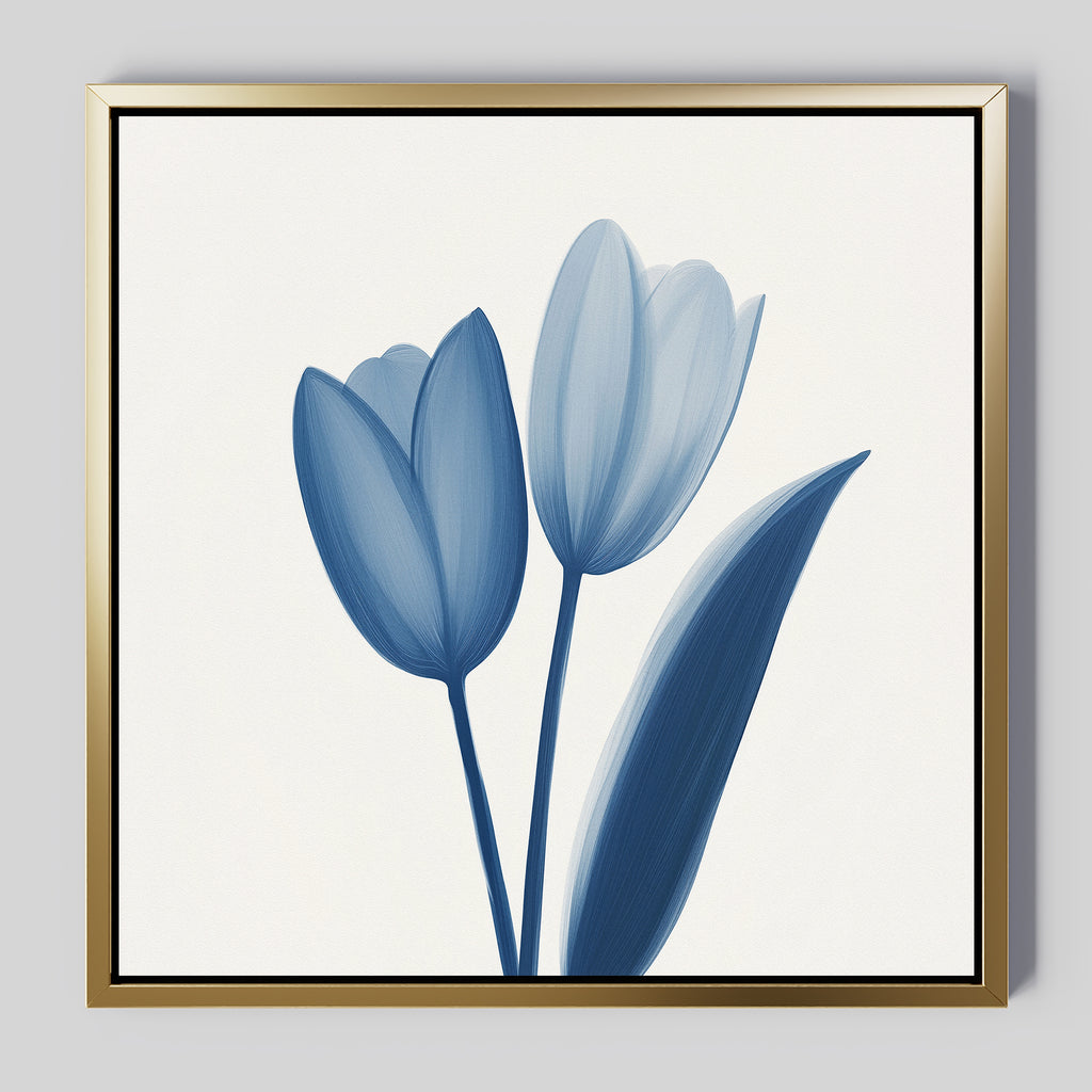 The Cerulean Tulips Canvas Art - Square features two blue tulips with a single leaf on a white background, framed in gold—ideal for adding Nordic Park style and minimalist charm to your space.