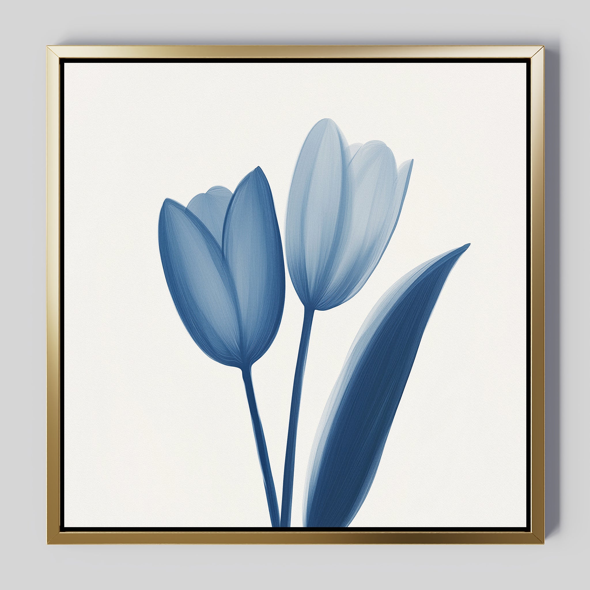 The Cerulean Tulips Canvas Art - Square features two blue tulips with a single leaf on a white background, framed in gold—ideal for adding Nordic Park style and minimalist charm to your space.