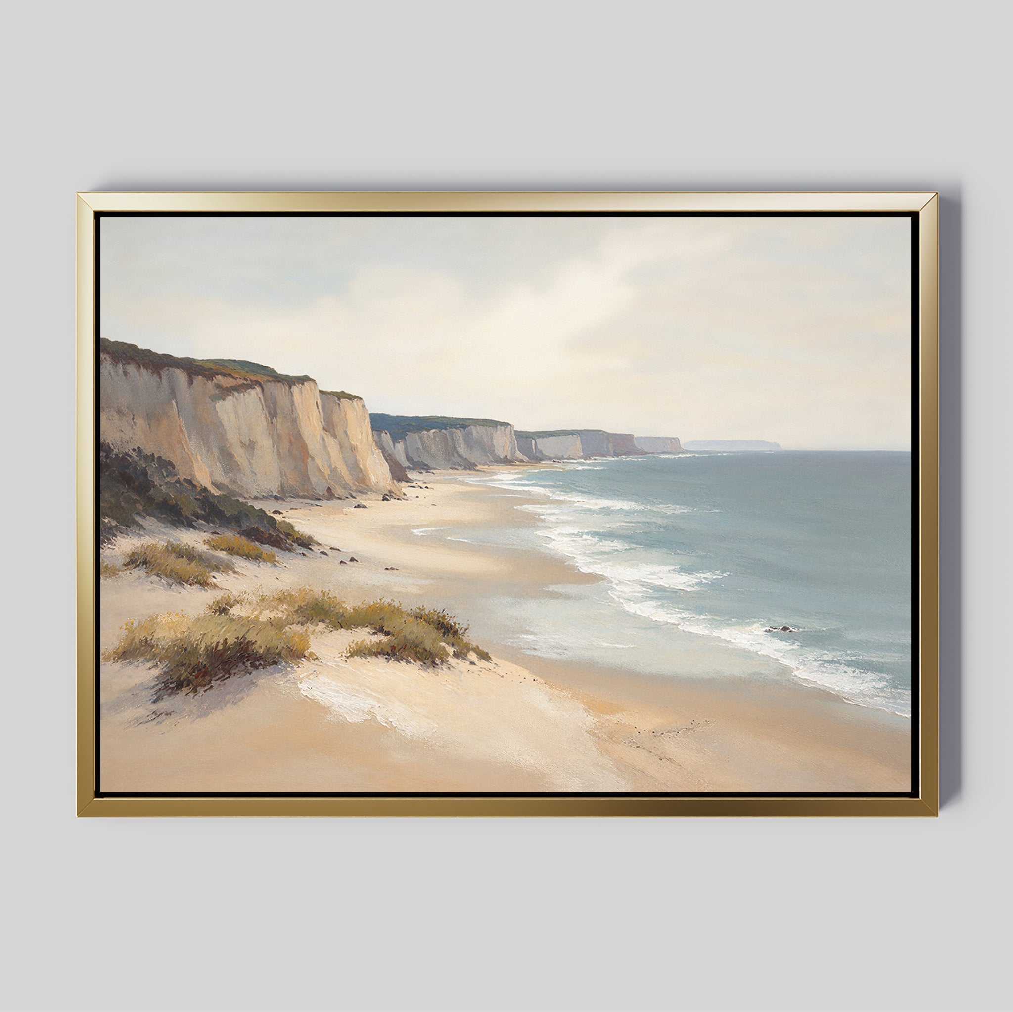Chalk Shores Canvas Art - Horizontal: A framed canvas print showcasing sandy beaches, gentle waves, and striking white cliffs under a soft, cloudy sky—the ideal seaside decor accent.