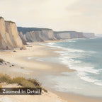 The Chalk Shores Canvas Art - Horizontal captures high, rugged cliffs beside a sandy beach with gentle waves under a cloudy sky. “Zoomed In Detail” is displayed in the lower left corner, ideal for serene coastal wall art décor.