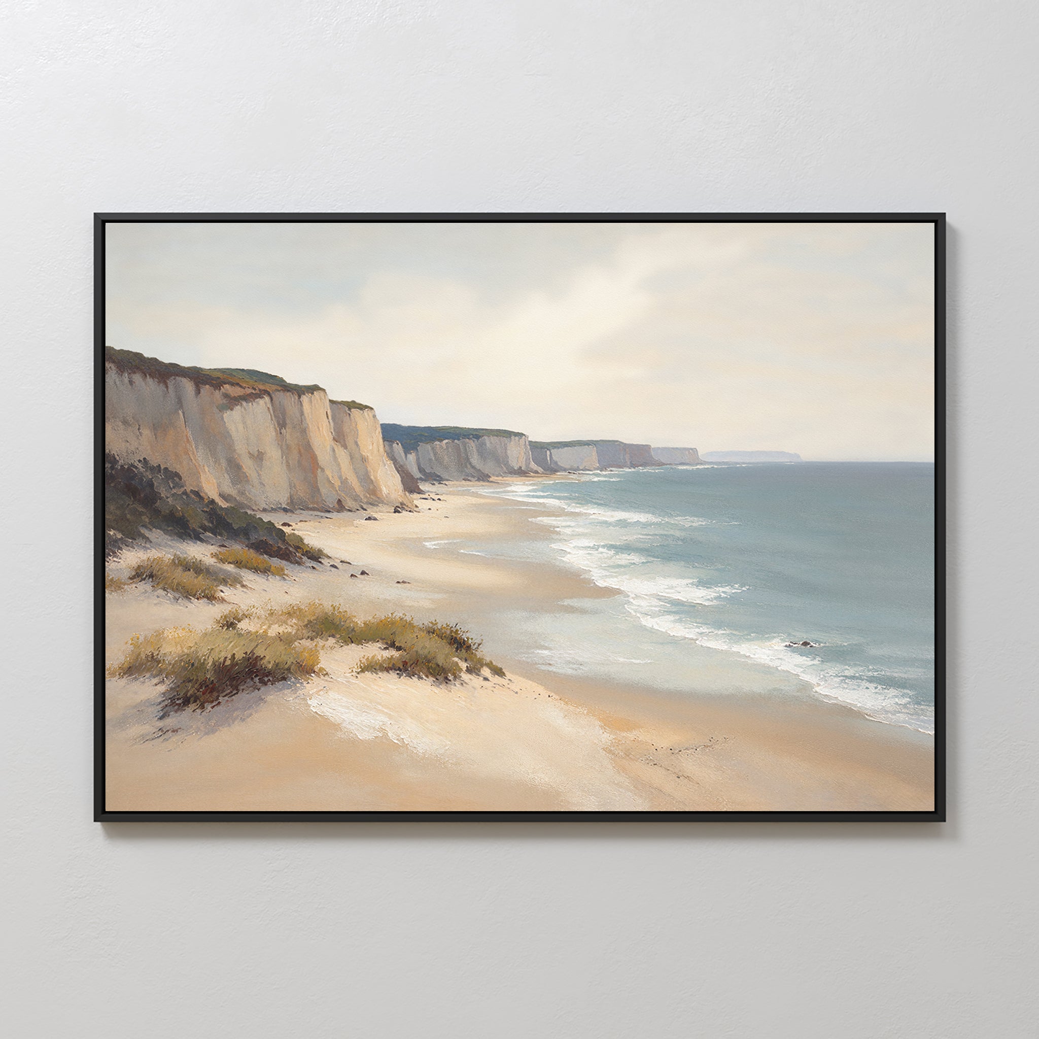 Chalk Shores Canvas Art - Horizontal: a framed canvas depicting sandy beaches, grassy dunes, and dramatic white cliffs by a calm sea under a partly cloudy sky—perfect coastal wall art for your space.