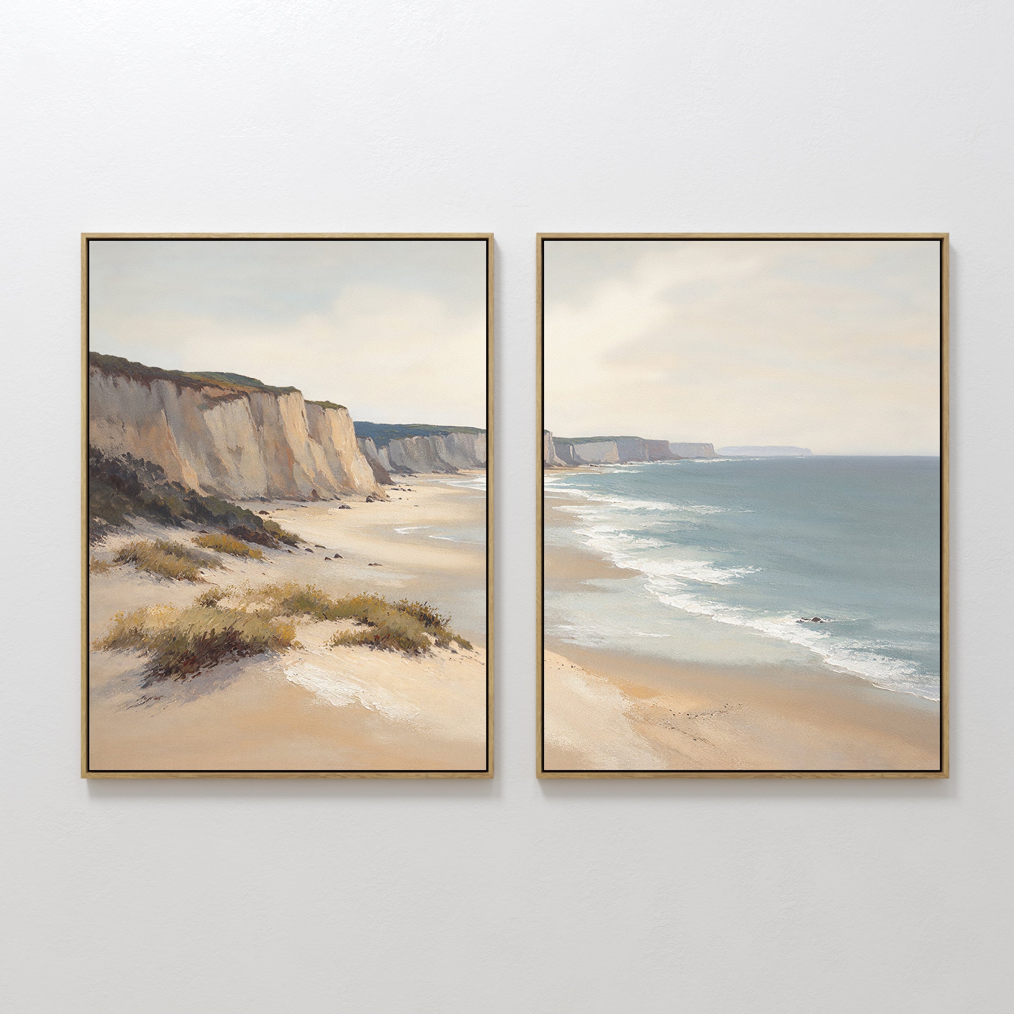 Chalk Shores - Set of 2 features elegant coastal canvas prints depicting sandy cliffs and a calm ocean under a hazy sky—ideal wall art for anyone seeking serene seaside vibes with gentle waves and minimal shoreline vegetation.