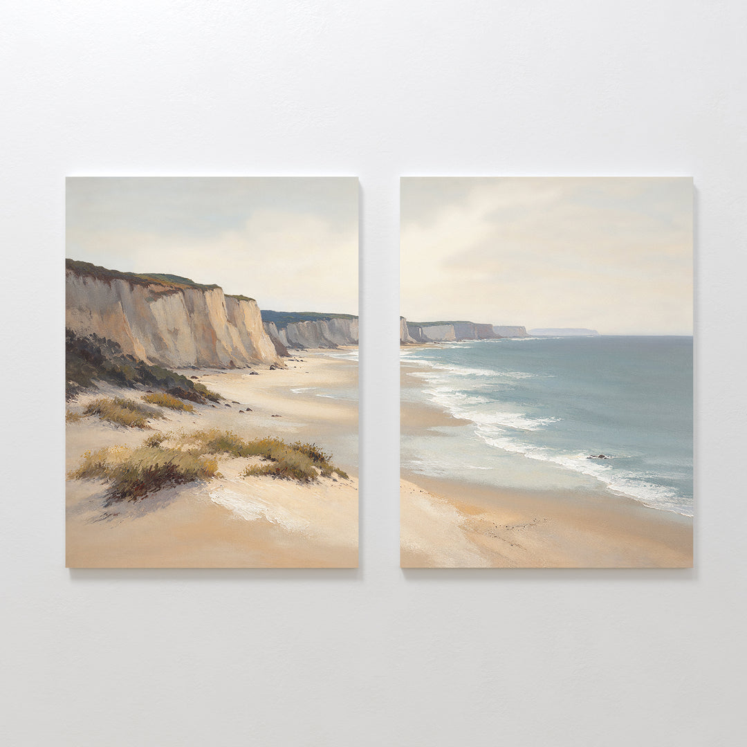 Chalk Shores - Set of 2 features two canvas paintings of tranquil beaches, gentle waves, and white cliffs under a cloudy sky—ideal seaside wall art for bringing a calming vibe to any room.