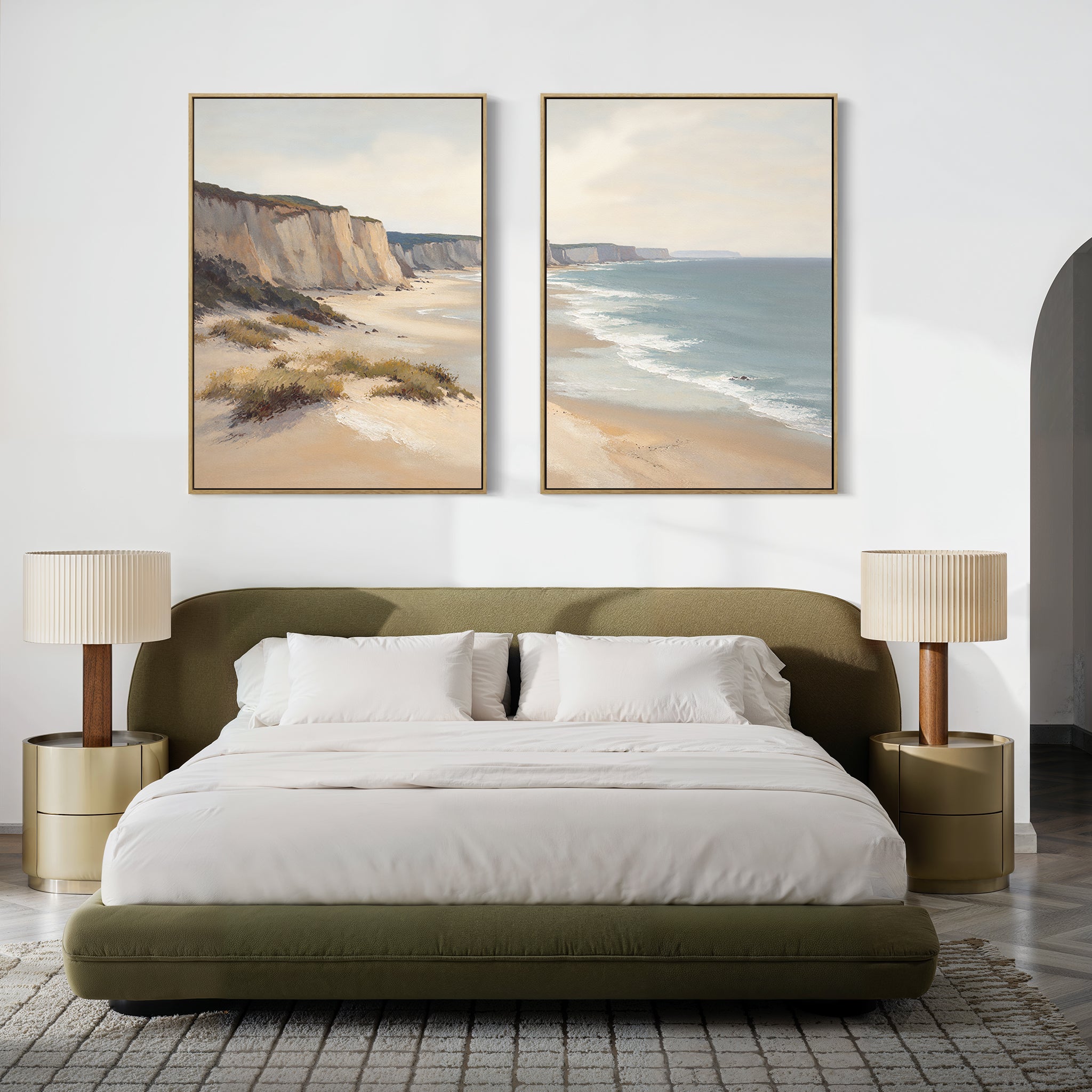 A bed with a bed frame and two lamps, enhanced by the "Chalk Shores - Set of 2" seaside wall art that brings a tranquil, coastal touch to the room.