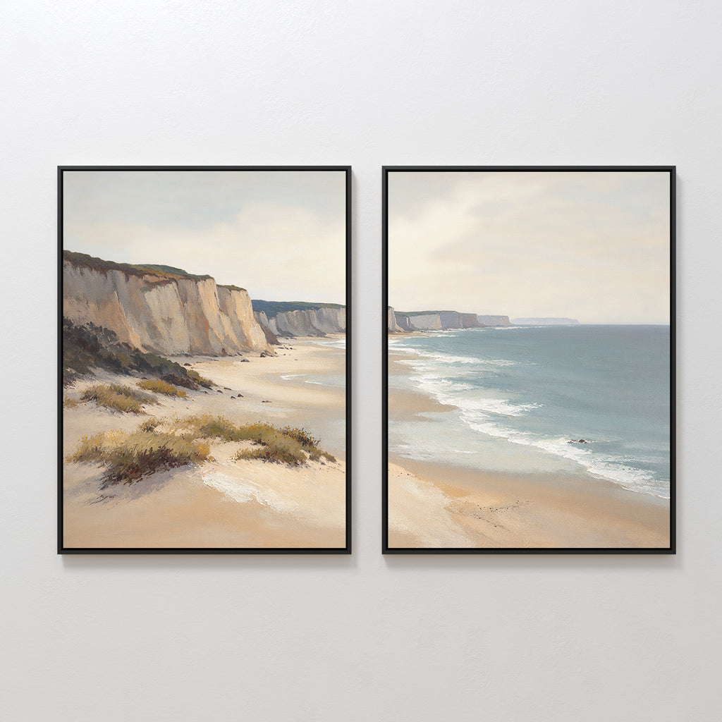 Chalk Shores - Set of 2 features framed wall art: one piece highlights coastal cliffs under a pale sky, the other showcases shoreline and waves. Together, they evoke serene Nordic Park vibes with sandy beaches and sparse vegetation.