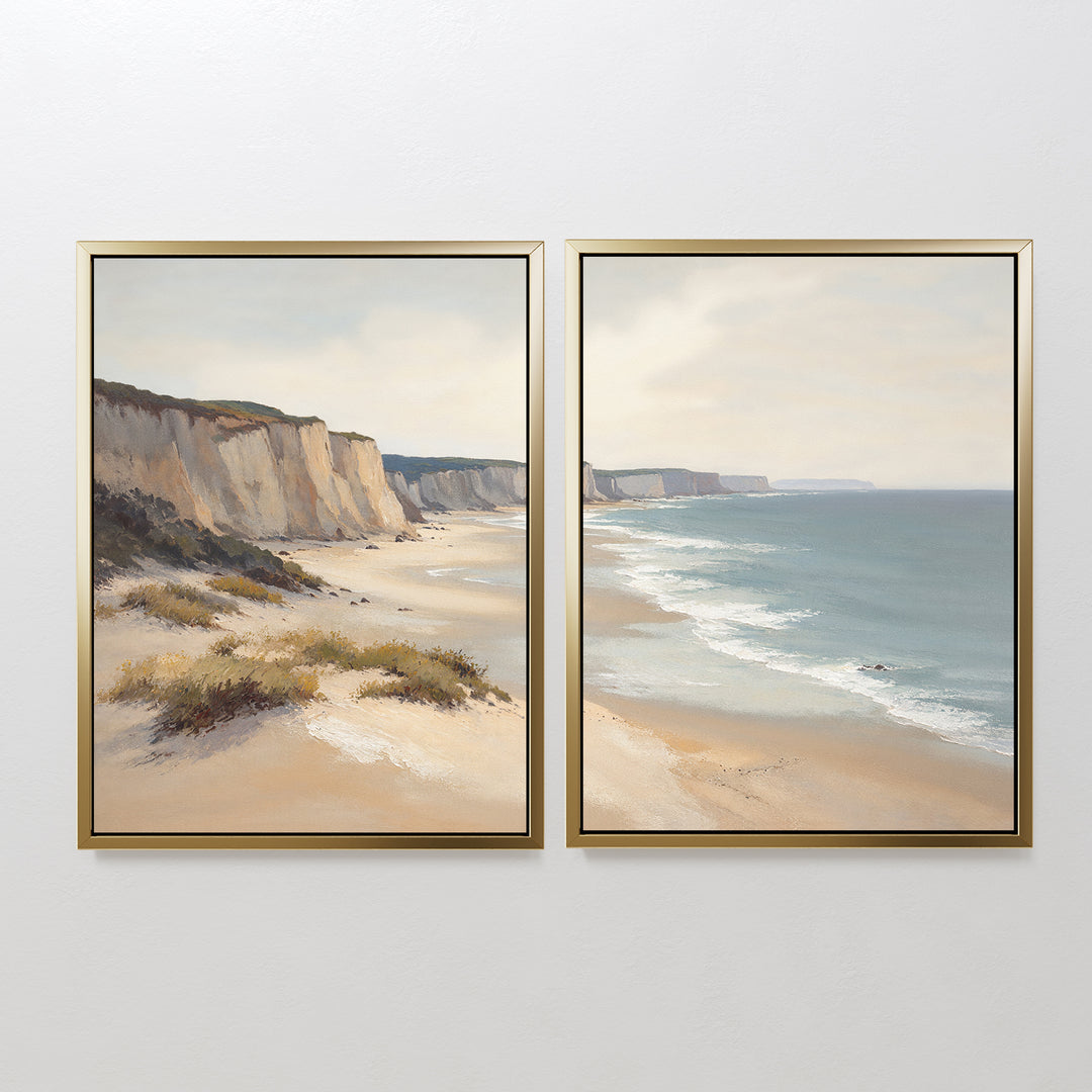 The "Chalk Shores - Set of 2" features framed coastal canvas prints with sandy cliffs and tranquil waves under cloudy skies, creating a seamless seaside wall art scene that flows beautifully from one frame to the next.
