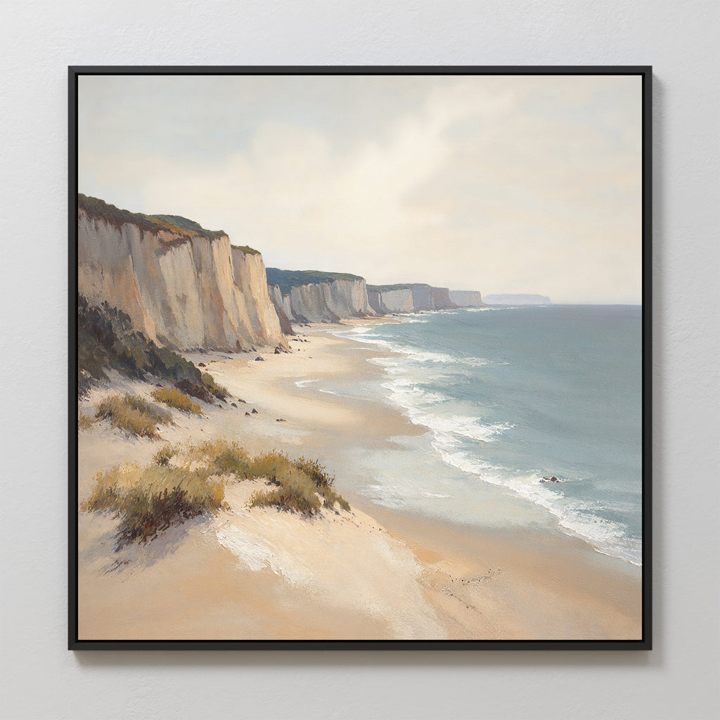 Bring coastal calm to your space with the Chalk Shores Canvas Art - Square, featuring tall white cliffs, a sandy beach, gentle waves, and grassy tufts below a softly clouded sky—perfect seaside wall art for tranquil interiors.