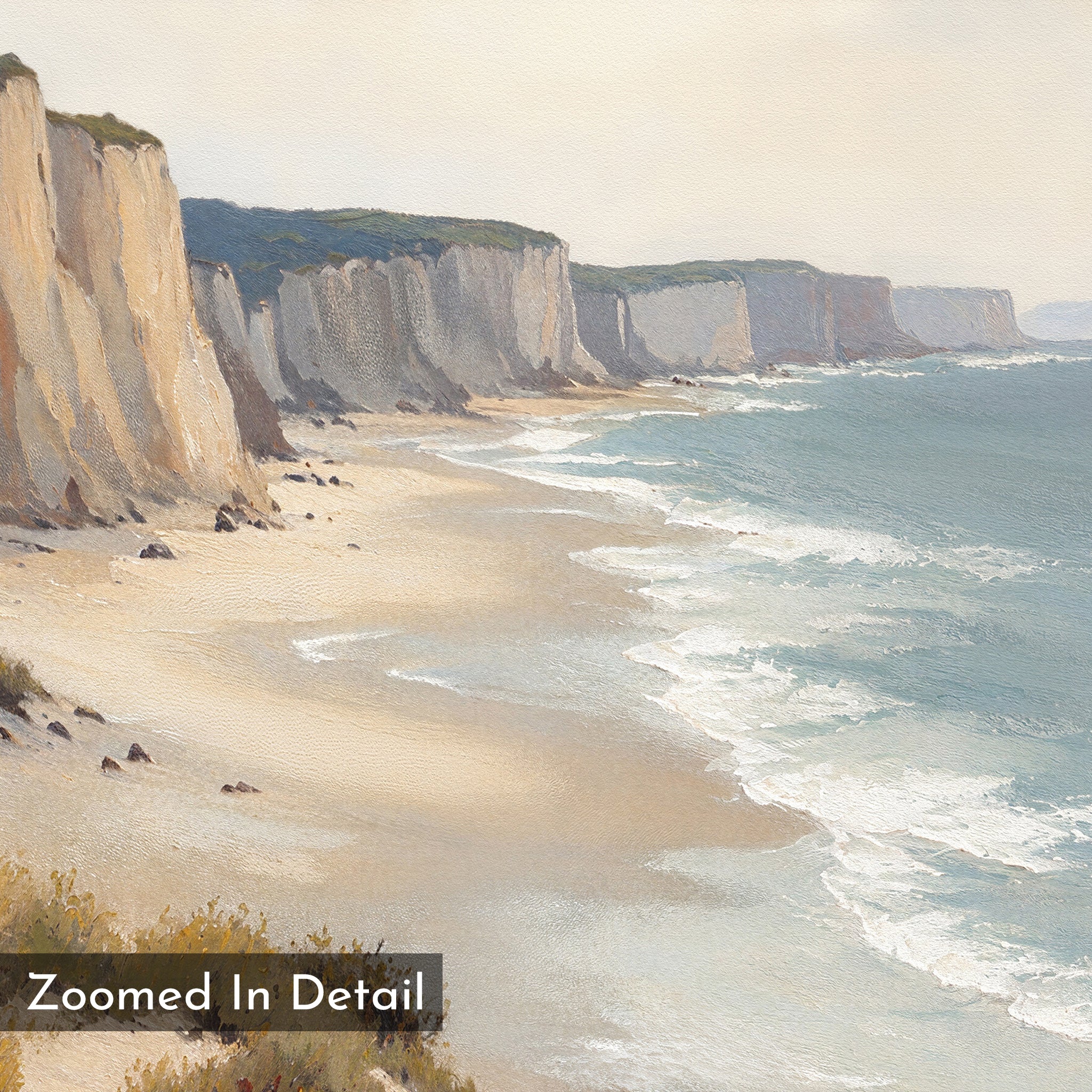 Chalk Shores Canvas Art - Square: Features tall white cliffs along a sandy beach with gentle waves under an overcast sky. Calm sea vibe, ideal seaside wall decor. “Zoomed In Detail” text appears in the lower left corner.