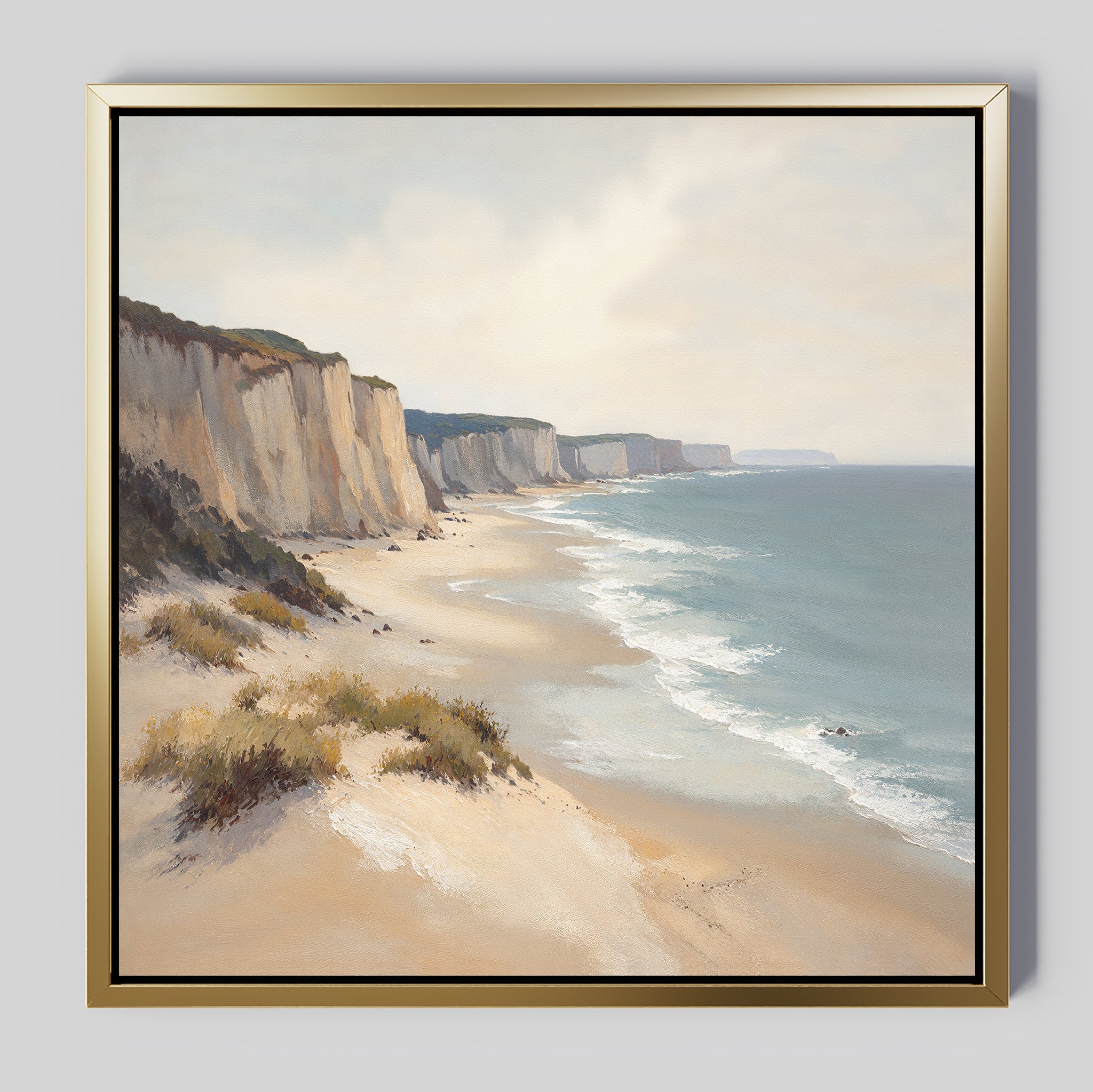 Chalk Shores Canvas Art - Square features a serene sandy beach with tall white cliffs, gentle waves, scattered grass, and a partly cloudy sky—perfect seaside wall art to bring tranquility to your space.