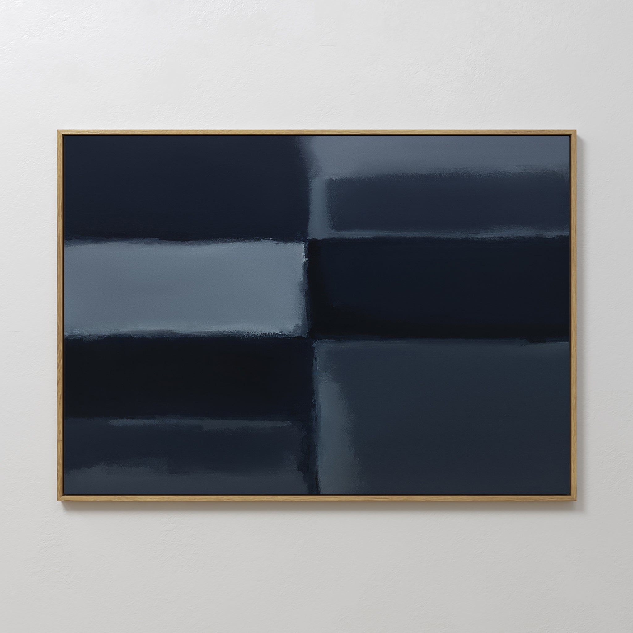 The Charcoal Blocks Canvas Art - Horizontal features rectangular forms in deep blue and black with blurred edges, creating a bold geometric accent ideal for modern living room walls and displayed here on a white textured background.