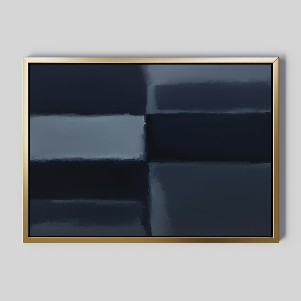 Charcoal Blocks Canvas Art - Horizontal features dark blue and black rectangular blocks on a muted gray background with blurred edges, set in a gold frame. This minimalist wall art adds a soft, modern touch to your living room decor.
