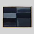 Charcoal Blocks Canvas Art - Horizontal features dark blue and black rectangular blocks on a muted gray background with blurred edges, set in a gold frame. This minimalist wall art adds a soft, modern touch to your living room decor.