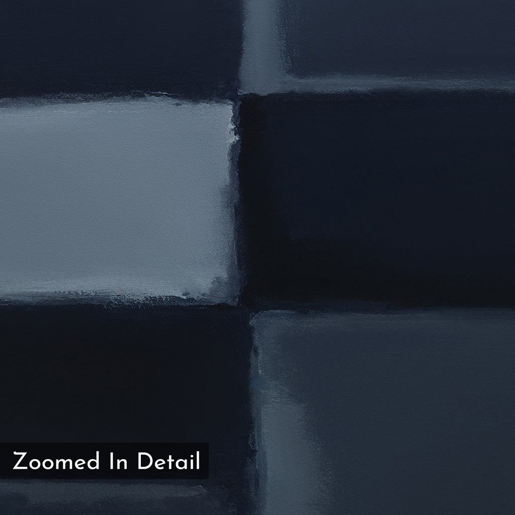 Close-up of Charcoal Blocks Canvas Art - Horizontal, featuring intersecting dark blue and gray rectangles with textured brushstrokes. Ideal geometric wall art or minimalist print for modern decor. "Zoomed In Detail" shown in white on black in lower left corner.