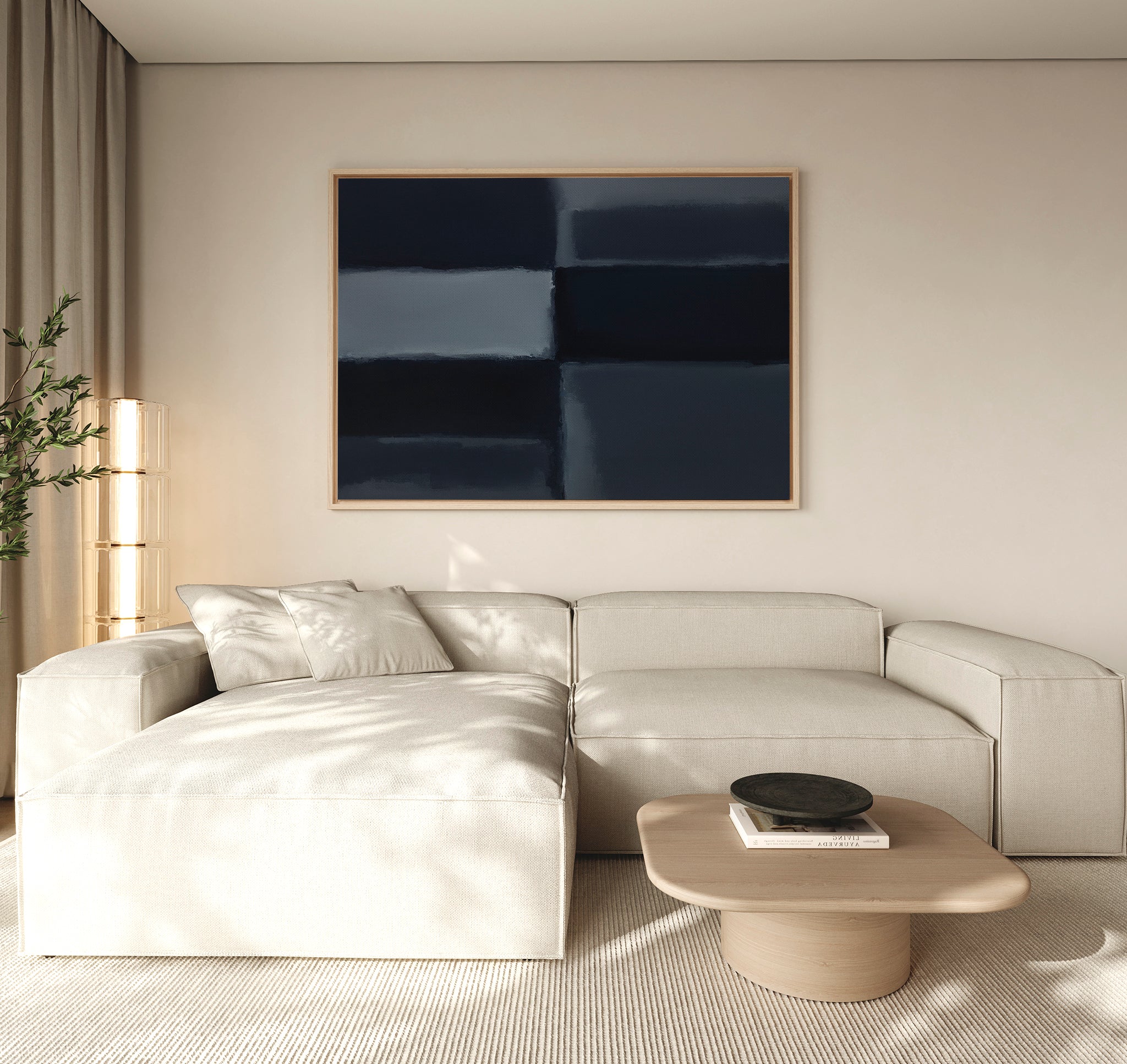 Minimalist living room with a light beige sectional, low wooden coffee table, black bowl, tall plant, and Charcoal Blocks Canvas Art - Horizontal featuring dark blue and black rectangles as modern decor.