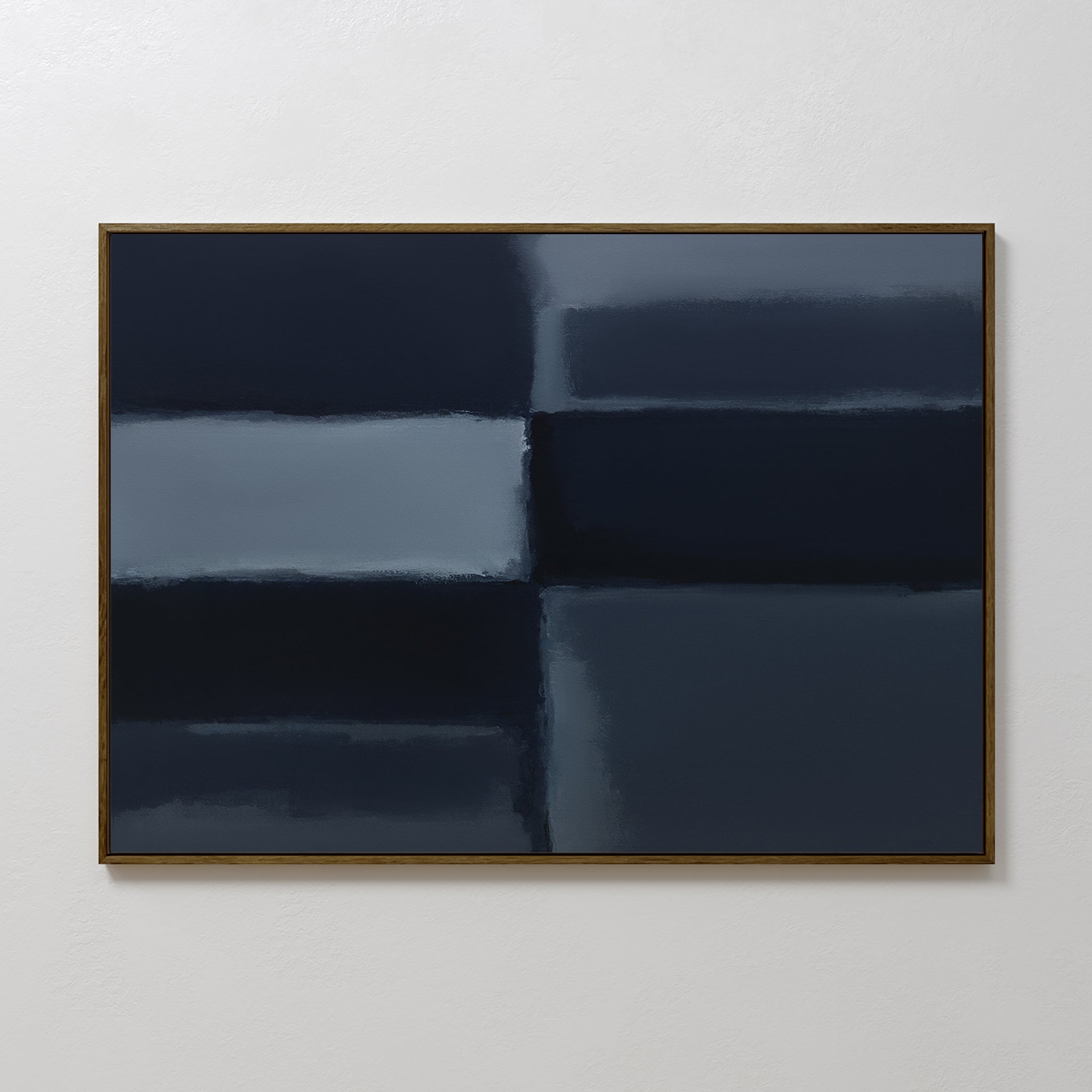 Charcoal Blocks Canvas Art - Horizontal features abstract geometric shapes in dark blue and black with softly blended edges and a slim gold frame, making it ideal minimalist decor for a modern living room on a white wall.