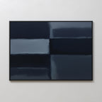 The Charcoal Blocks Canvas Art - Horizontal features a minimalist grid of dark and muted blue rectangles with blurred edges, ideal as geometric wall art for modern living room decor. Perfect for display on a light-colored wall.