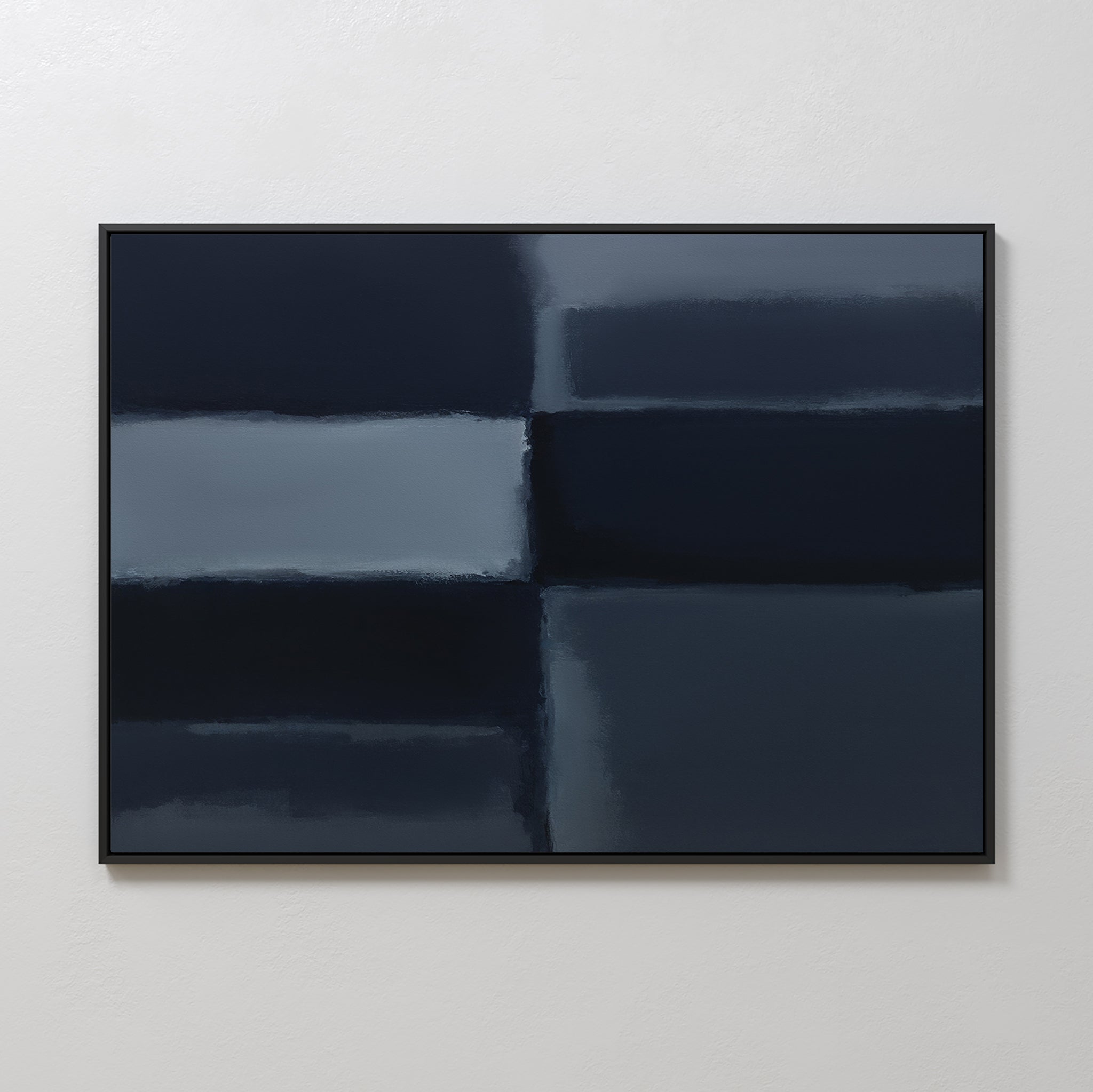 The Charcoal Blocks Canvas Art - Horizontal features a minimalist grid of dark and muted blue rectangles with blurred edges, ideal as geometric wall art for modern living room decor. Perfect for display on a light-colored wall.