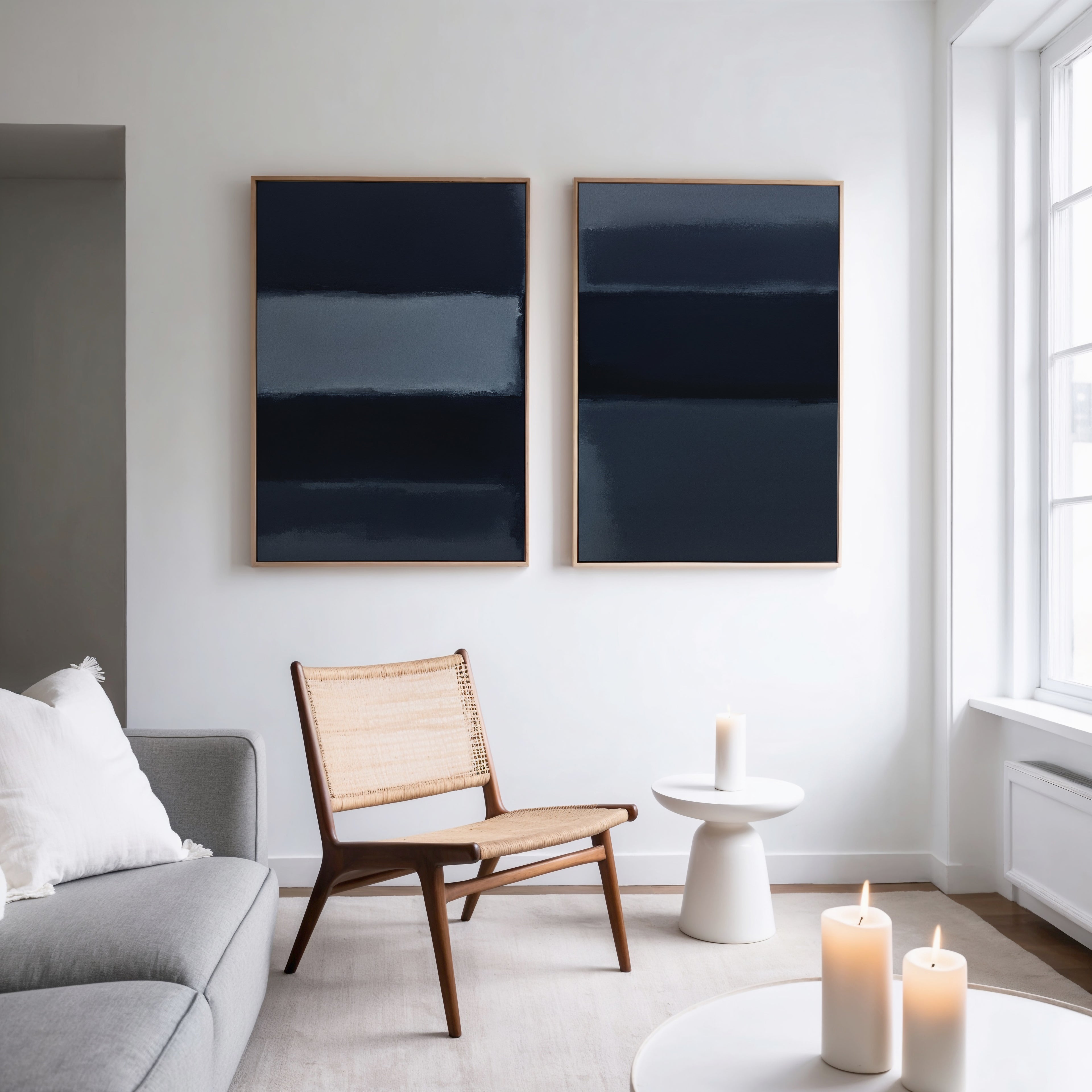 A modern living room with a light gray sofa, woven chair, small round white table with a lit candle, and the Charcoal Blocks - Set Of 2 wall art displayed on a white wall. Large windows flood the space with natural light.