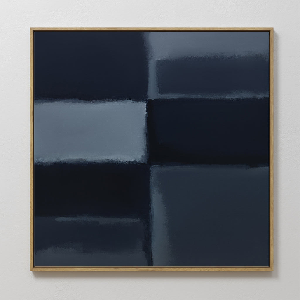 Charcoal Blocks Canvas Art - Square features dark blue and black rectangles with blurred edges in a grid, set in a slim light wood frame—ideal modern wall decor for white walls.
