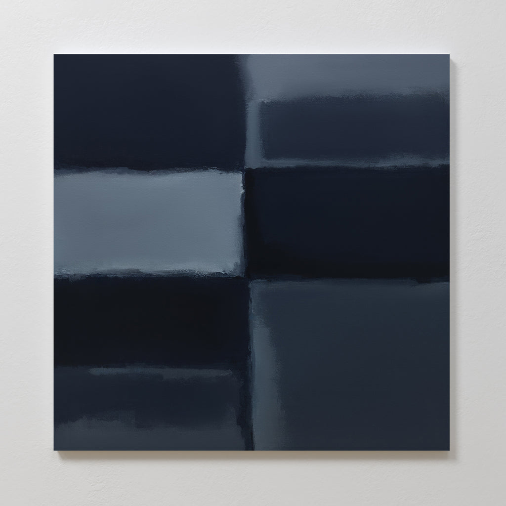 Charcoal Blocks Canvas Art - Square features a minimalist grid of four dark blue and gray rectangles with soft, blurred edges. This modern abstract print is perfect for contemporary home decor and looks striking mounted on a white wall.