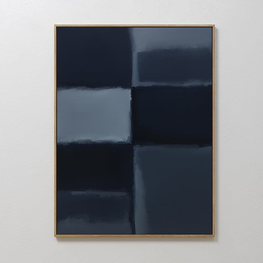 Charcoal Blocks Canvas Art - Vertical: Minimalist wall art with a grid of four large, dark blue and navy rectangles with subtle gradients, framed in light wood. Perfect for modern decor and elevating any plain white wall.