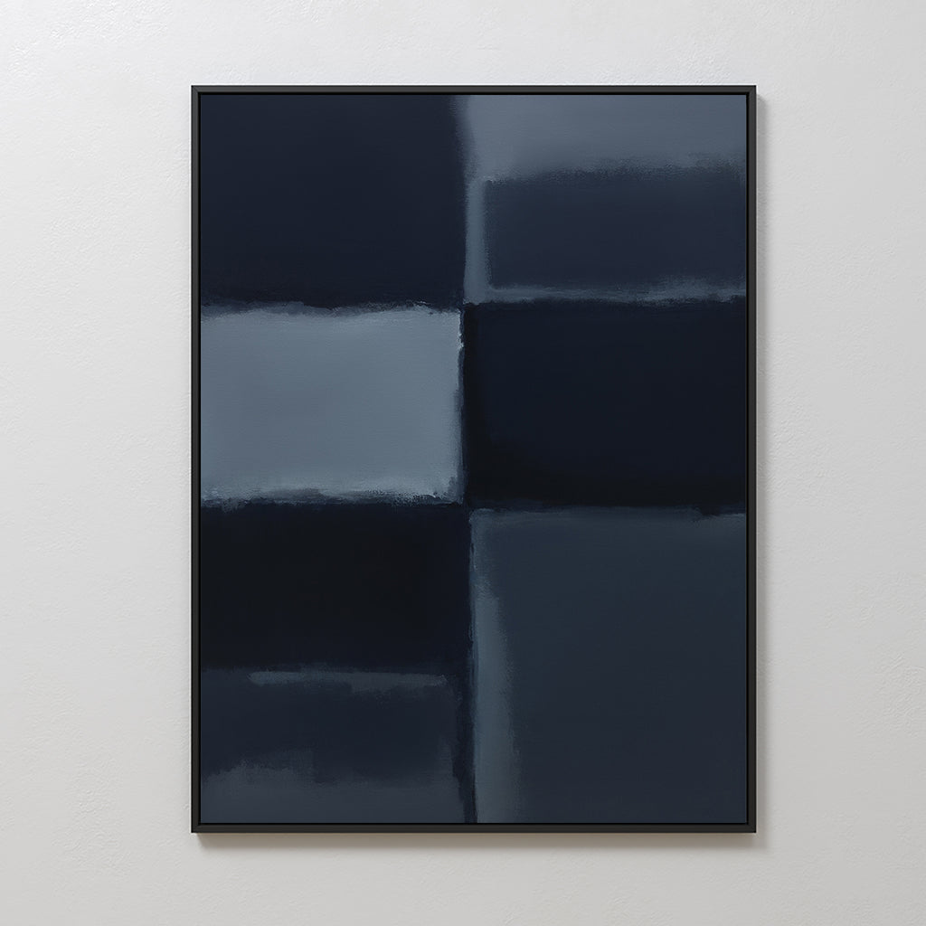 Charcoal Blocks Canvas Art - Vertical: A framed abstract piece with large, blurred rectangles in dark blue and gray, arranged on a white background—ideal as minimalist wall art for modern home decor.