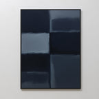 Charcoal Blocks Canvas Art - Vertical: A framed abstract piece with large, blurred rectangles in dark blue and gray, arranged on a white background—ideal as minimalist wall art for modern home decor.