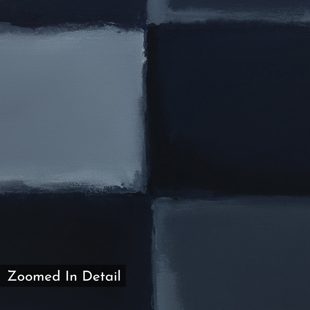 A close-up of four dark blue and gray square tiles with rough edges forms a striking geometric print on the Charcoal Blocks Canvas Art - Vertical, ideal for modern home decor enthusiasts. Text at the bottom reads "Zoomed In Detail.