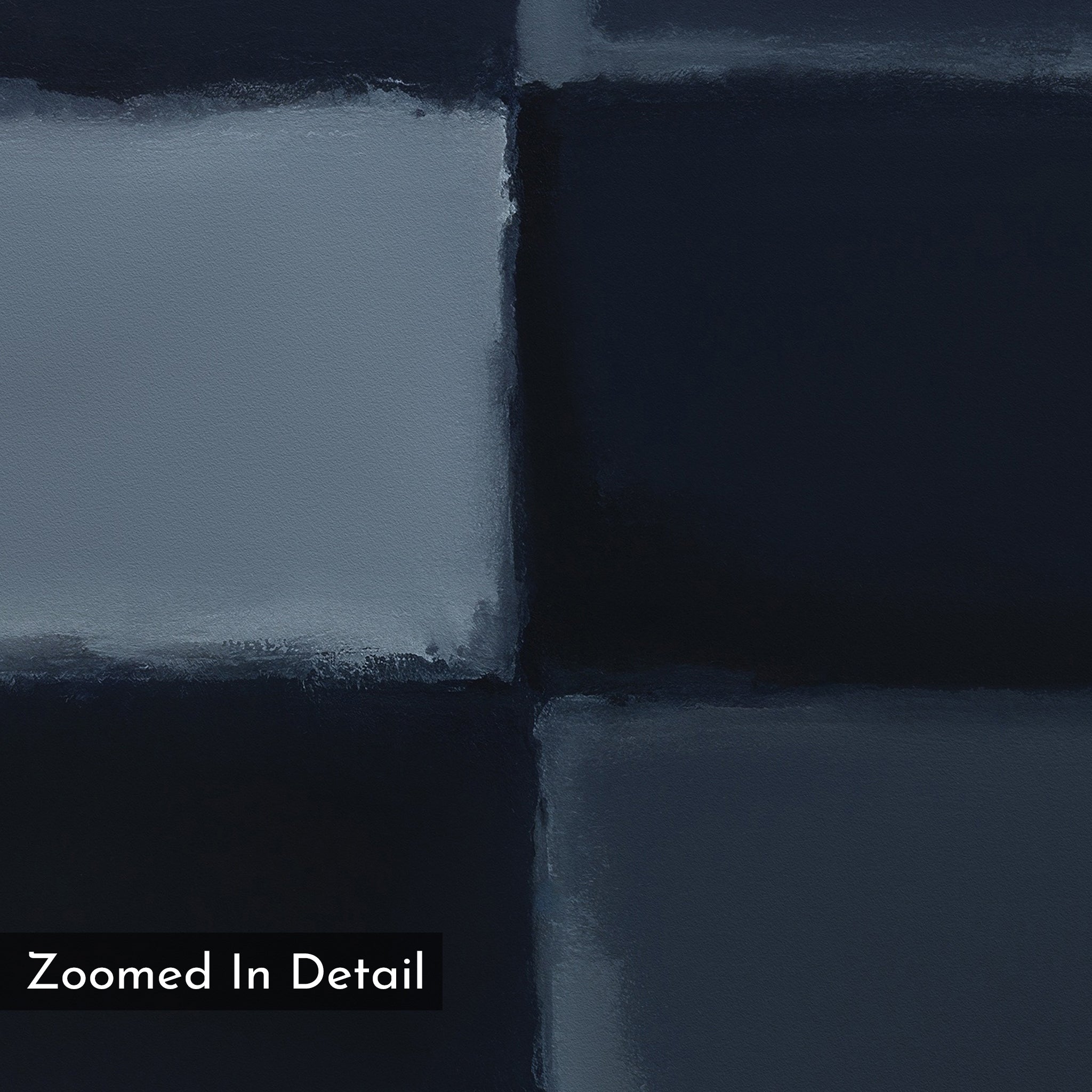 A close-up of four dark blue and gray square tiles with rough edges forms a striking geometric print on the Charcoal Blocks Canvas Art - Vertical, ideal for modern home decor enthusiasts. Text at the bottom reads "Zoomed In Detail.