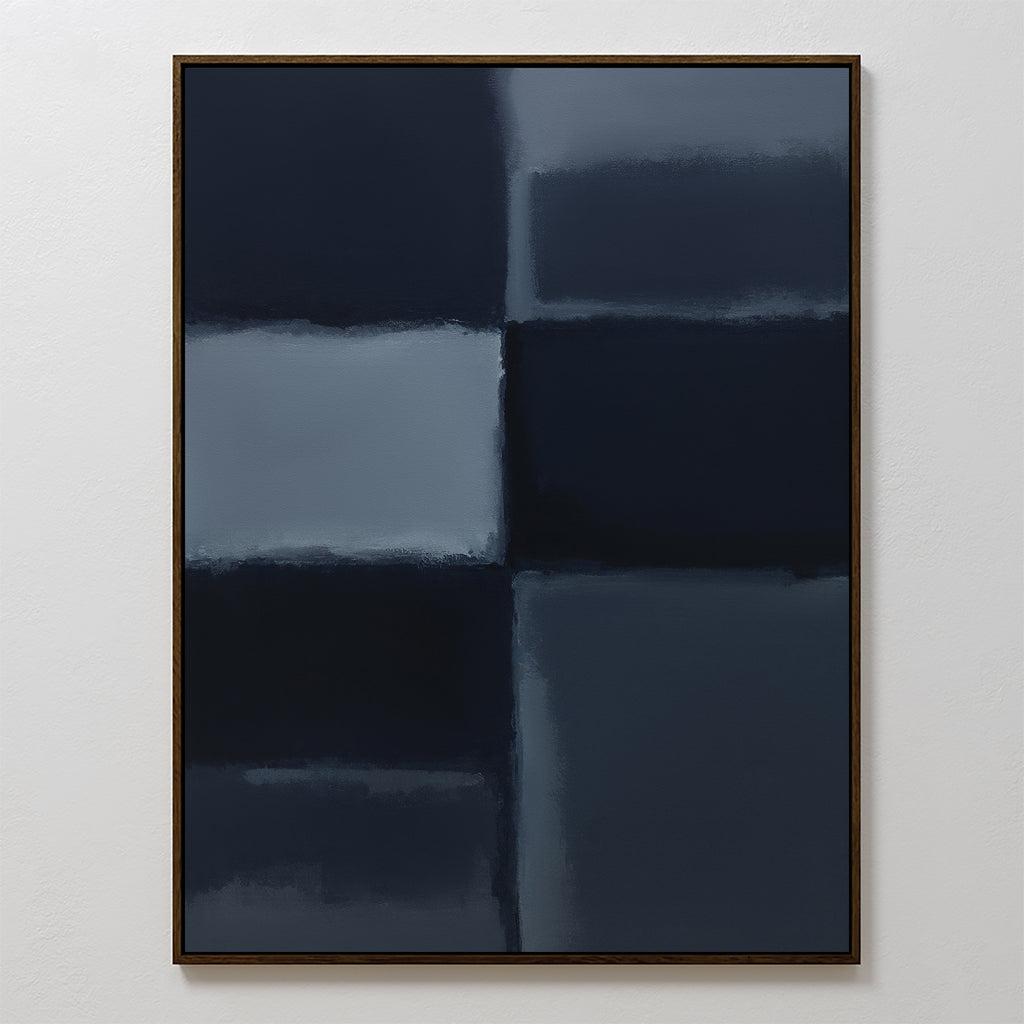 Charcoal Blocks Canvas Art - Vertical features four large, dark blue and black rectangles with blurred edges and subtle gradients. Framed with a thin, dark border, it’s ideal minimalist wall art for modern home decor.