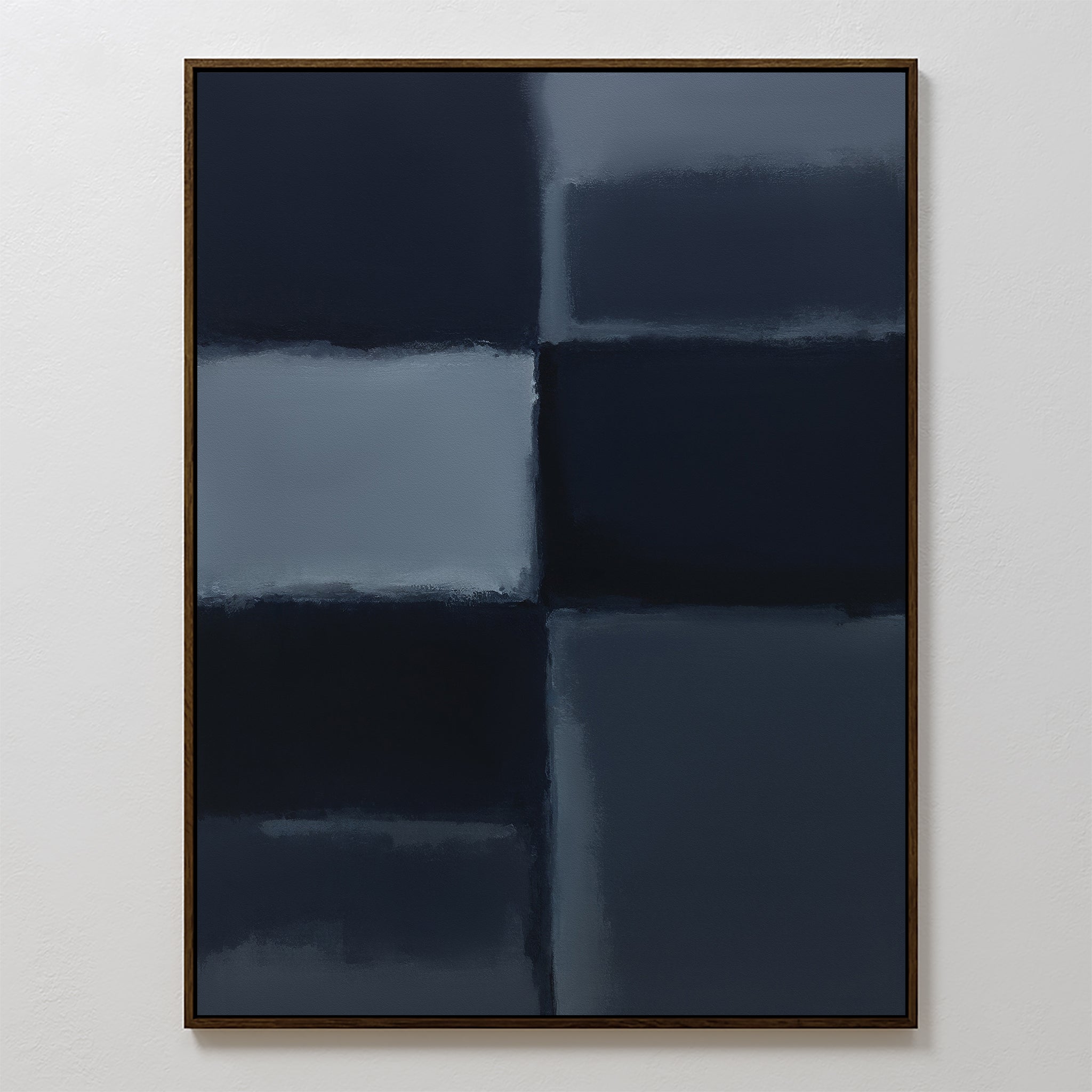 Charcoal Blocks Canvas Art - Vertical features four large, dark blue and black rectangles with blurred edges and subtle gradients. Framed with a thin, dark border, it’s ideal minimalist wall art for modern home decor.