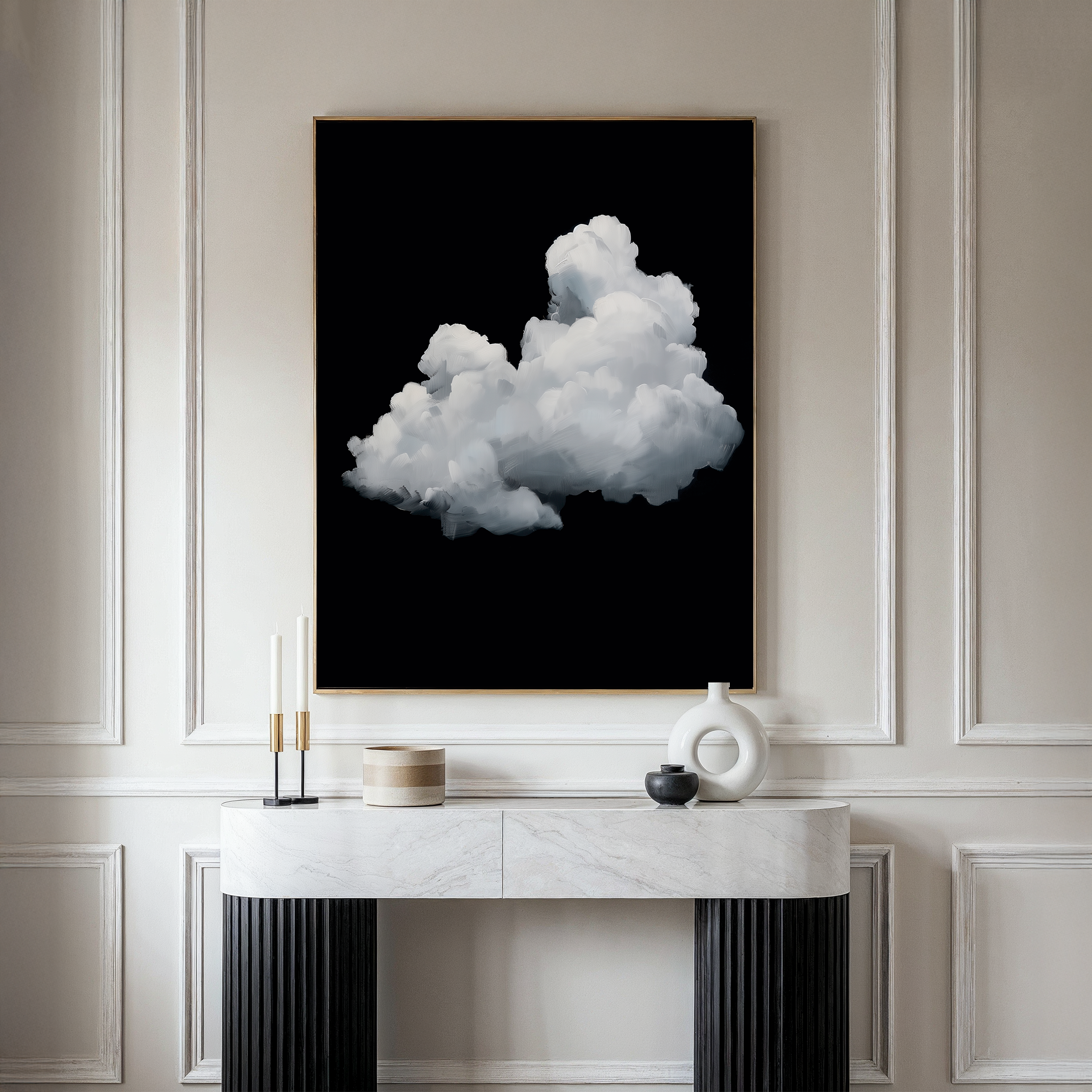 A modern living room features a white console table with decorative objects and the Cloud In Darkness Abstract Canvas Art—a striking white cloud on a black background—hanging above as the focal point.