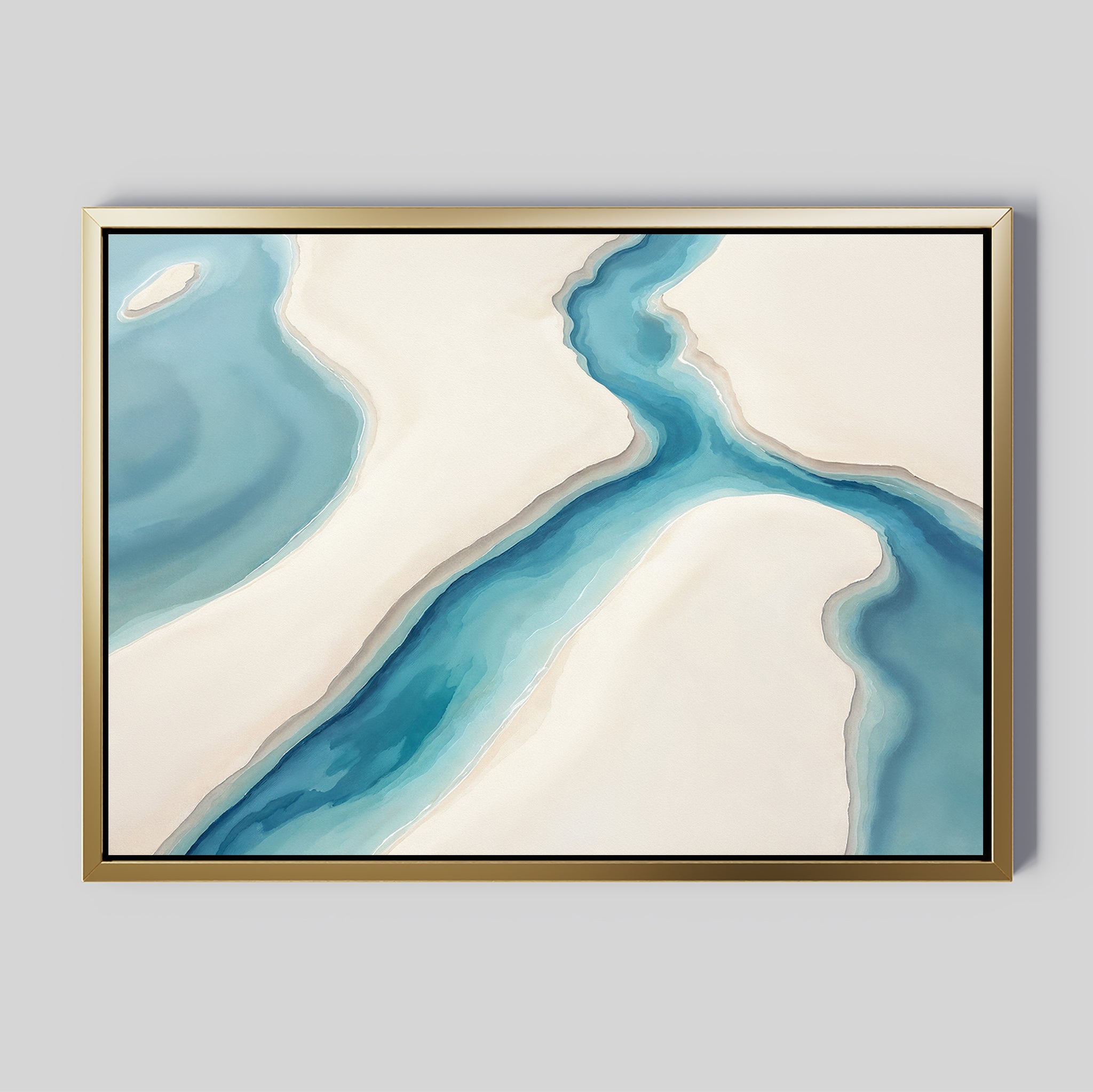 Coastal Dreams Canvas Art - Horizontal features a winding blue river between soft beige sandbanks with gold framing on a light gray background. This serene wall art brings fluid shapes and calming colors to any tranquil, coastal-inspired space.